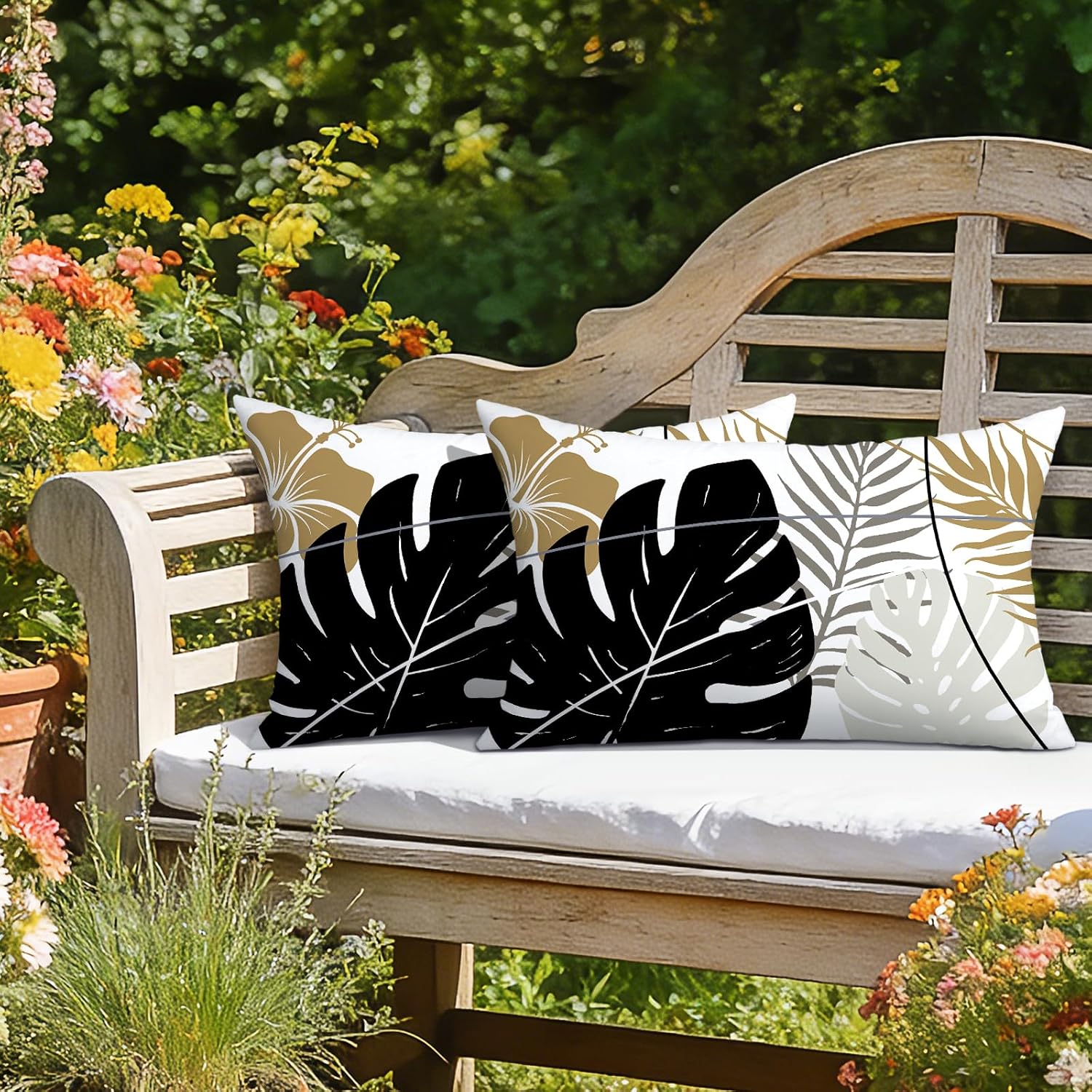 OTOSTAR Outdoor Waterproof Throw Pillow Covers 16x24 Inch Set of 2 Double-Sided Black Brown Grey Tropical Leaf and Flower Spring Summer Decorative Pillow Cases for Patio Funiture Garden Balcony Couch