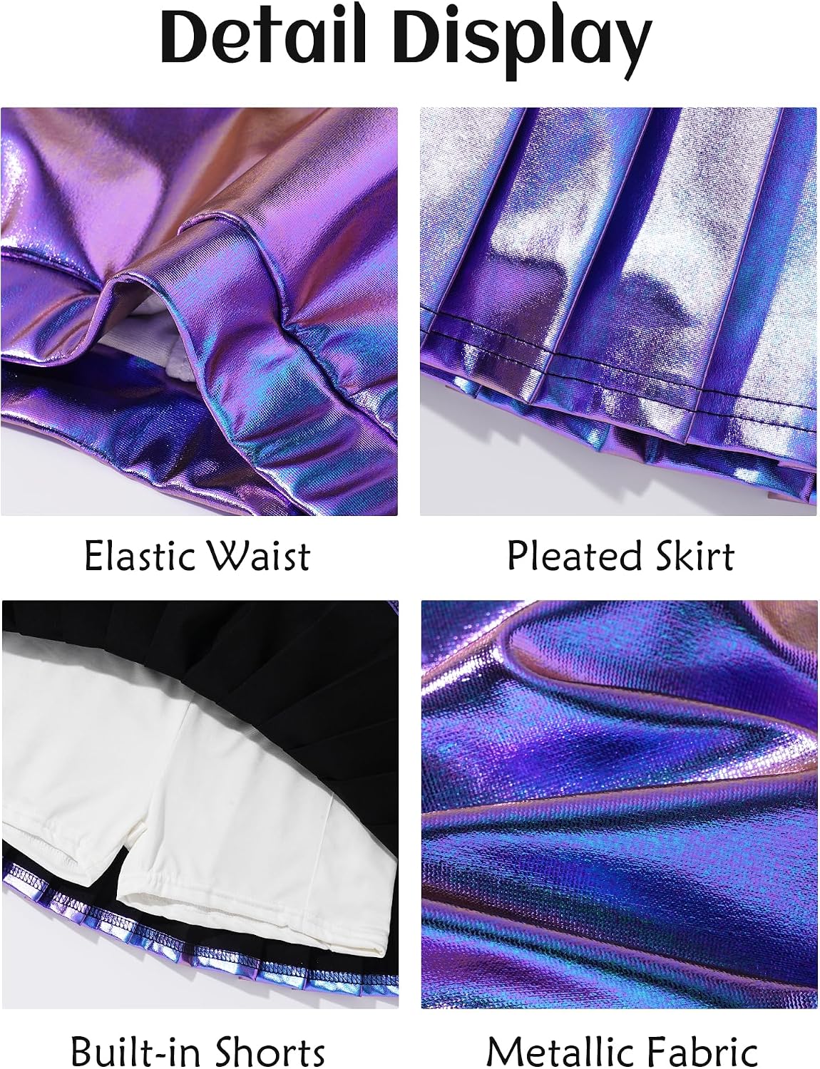 Happy Cherry Girls Metallic Pleated Skirt High Elastic Waist Shiny Mini Skirts Sparkly Dance Skort with Pockets Activewear