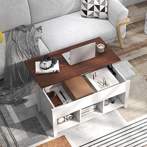 Miniatura 8 de GOFLAME Mesa auxiliar elevable, mesa central con mesa elevadora, compartimento oculto, 3 estantes abiertos, patas medias, almohadillas