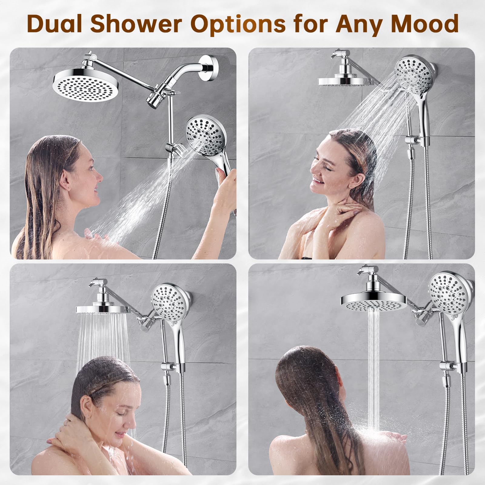 BRIGHT SHOWERS Soffione doccia a pioggia con doccetta integrata, doppio soffione ad alta pressione con braccio di estensione regolabile in altezza, deviatore a 3 vie, 9 impostazioni palmare, tubo