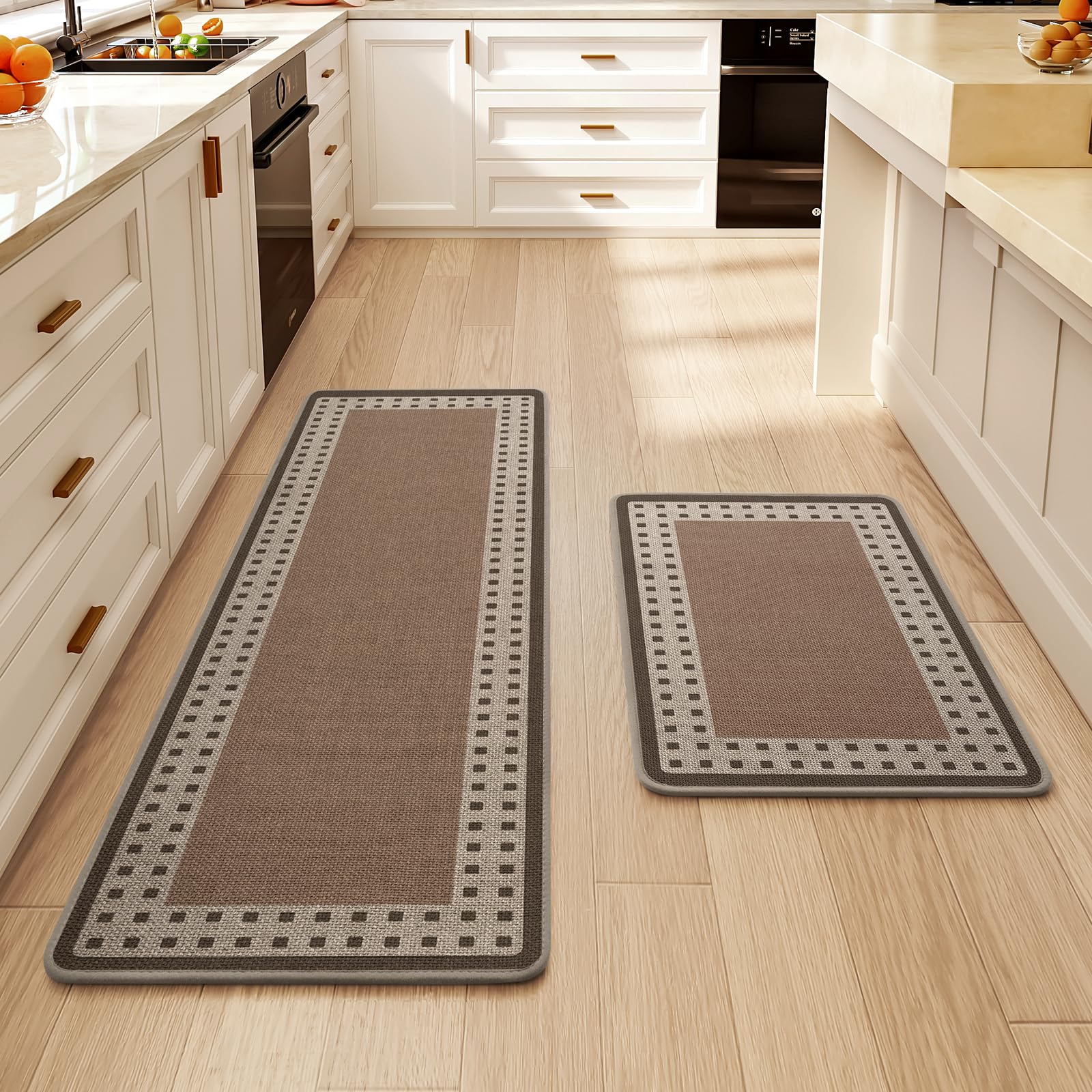 Kitchen Mats for Floor, 17''x30''+17''x47''Kitchen Rugs Set of 2, Washable Absorbent Kitchen Mat Non Slip, Braided Kitchen Runner Rug, Kitchen Sink Rug, Brown