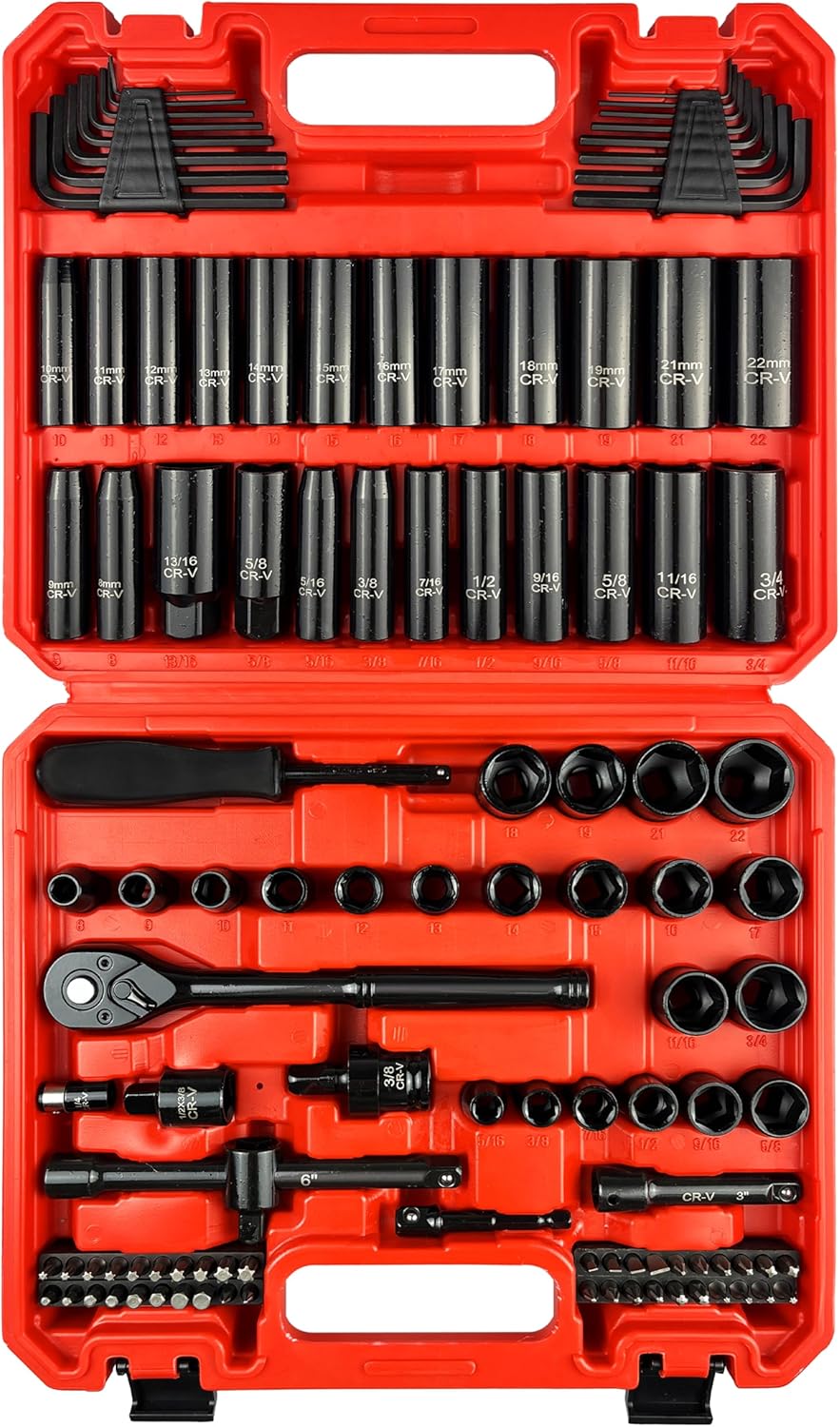 44pcs 3/8" Drive Impact Socket Set,Drive Master Socket Set,SAE/Metric, Deep & Shallow with 3/8" Drive Head Ratchet,Universal Joint,Extension bar (3” & 6”),6 Point,CR-V Steel，Mirror Chrome