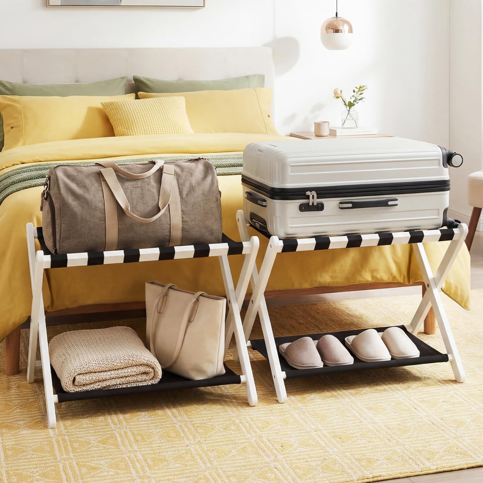 COSTWAY Portavaligie Pieghevole, Porta Valigie con Struttura in Legno Massello, Portapacchi a 2 Ripiani per Hotel e Viaggio, Portata 60 kg (1 pz,Bianco)
