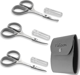 PAFASON Ultra Sharp Beard & Mustache Scissors Set - Precision Straight, Curved & Round Tip for Nose, Facial Hair, Stainless Steel Pouch