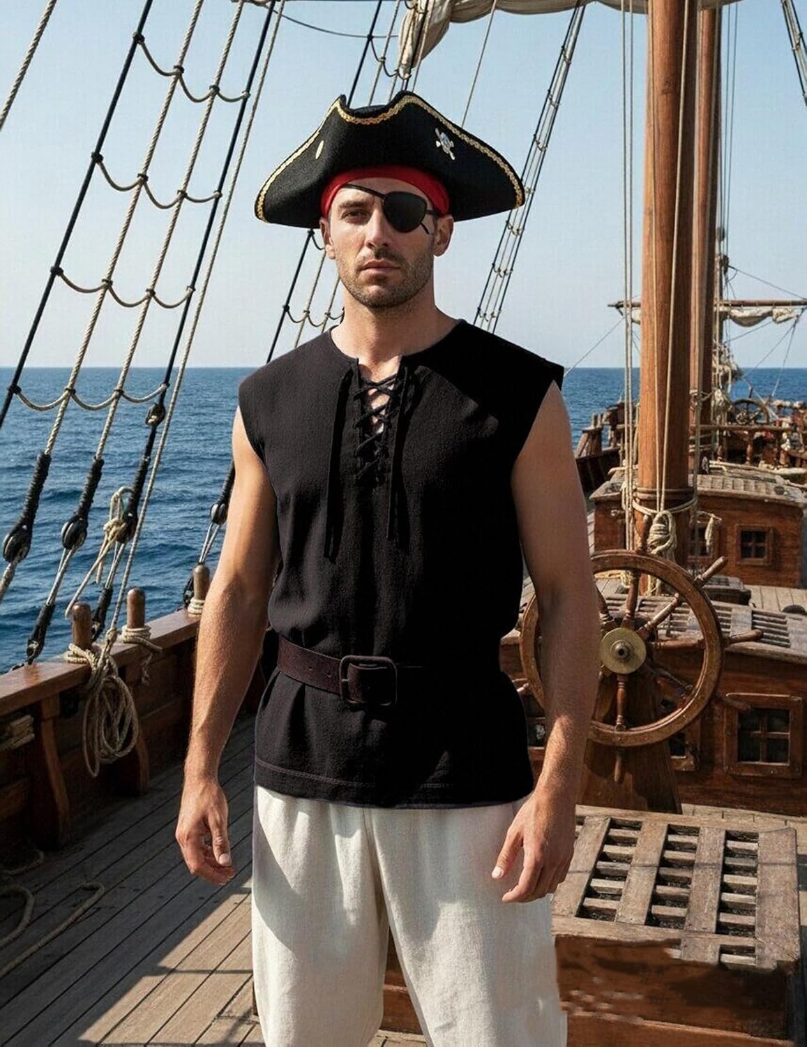Mens Renaissance Shirts Sleeveless Cotton Lace up Shirts for Pirate Viking Medieval Cosplay Costume Without Belt - Image 3