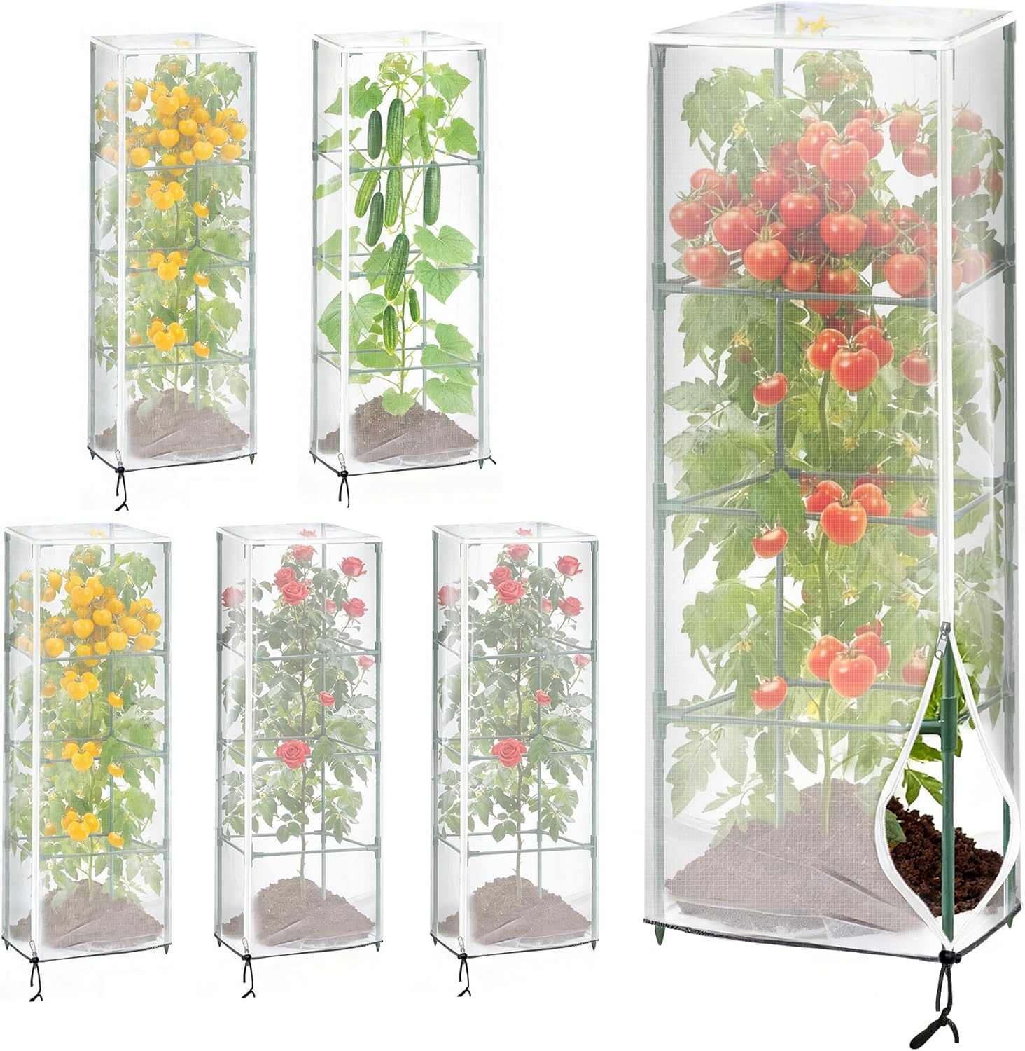 6 Pack 47.2 * 16.9 * 16.9inch Plant Cover for Square Tomato Cage,Tomato Trellis Mesh Netting Covers with Zipper Drawstring Bird Netting for Garden Protection