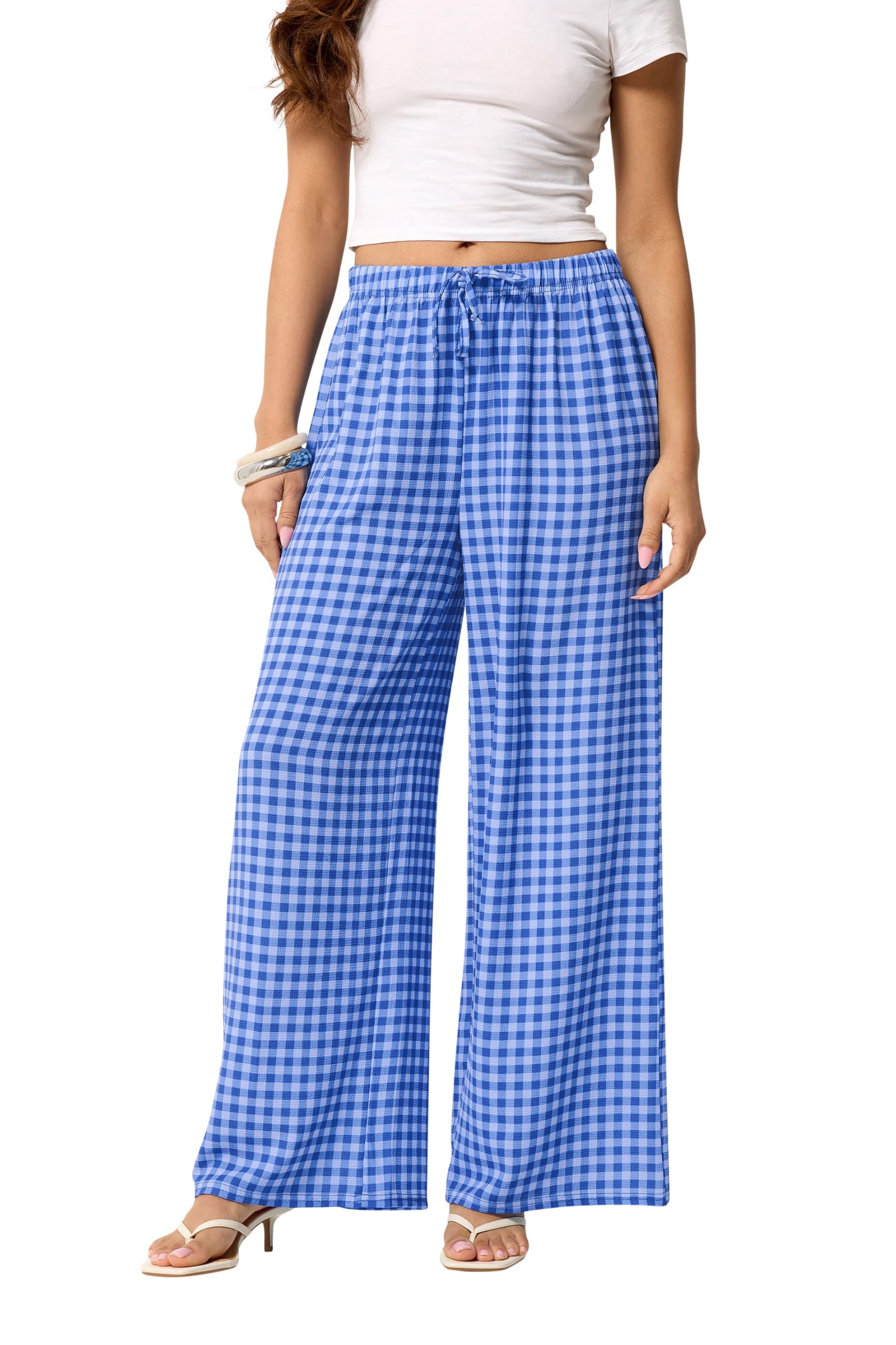 Pixiegirl Women's Blue Petite Gingham Wide Leg Trousers Size 14