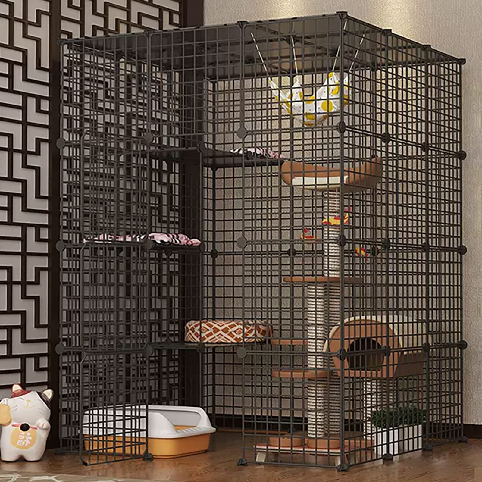 Grande cage pour chat d'intérieur pliable en métal avec hamac et échelle