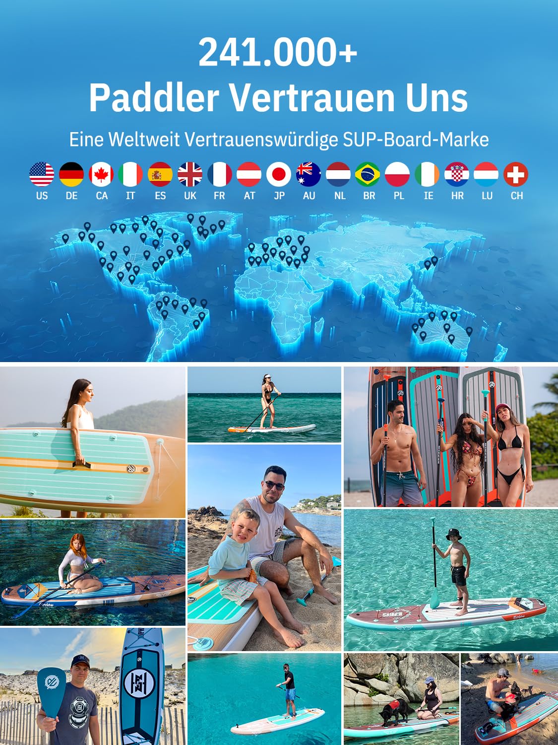 Niphean (Extra Groß) Stand Up Paddling Board, SUP für 2+1 Personen/Familien, SUP Board mit (Anfängergeeignet) StabilTrac Finne, Wasserdichte Handyhülle, Stand Up Paddle Board for Adults, Geschenkideen