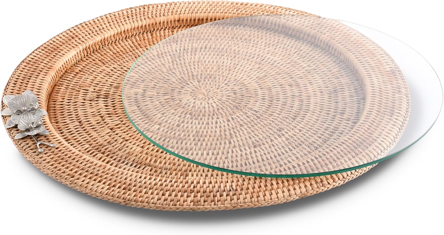 Vagabond House Large Handmade Round Basket Tray - Natural Wicker Ratan Trays with Glass Insert, Orchid Pewter Detail - Ideal Wicker Tray for Ottoman Coffee Table Serving