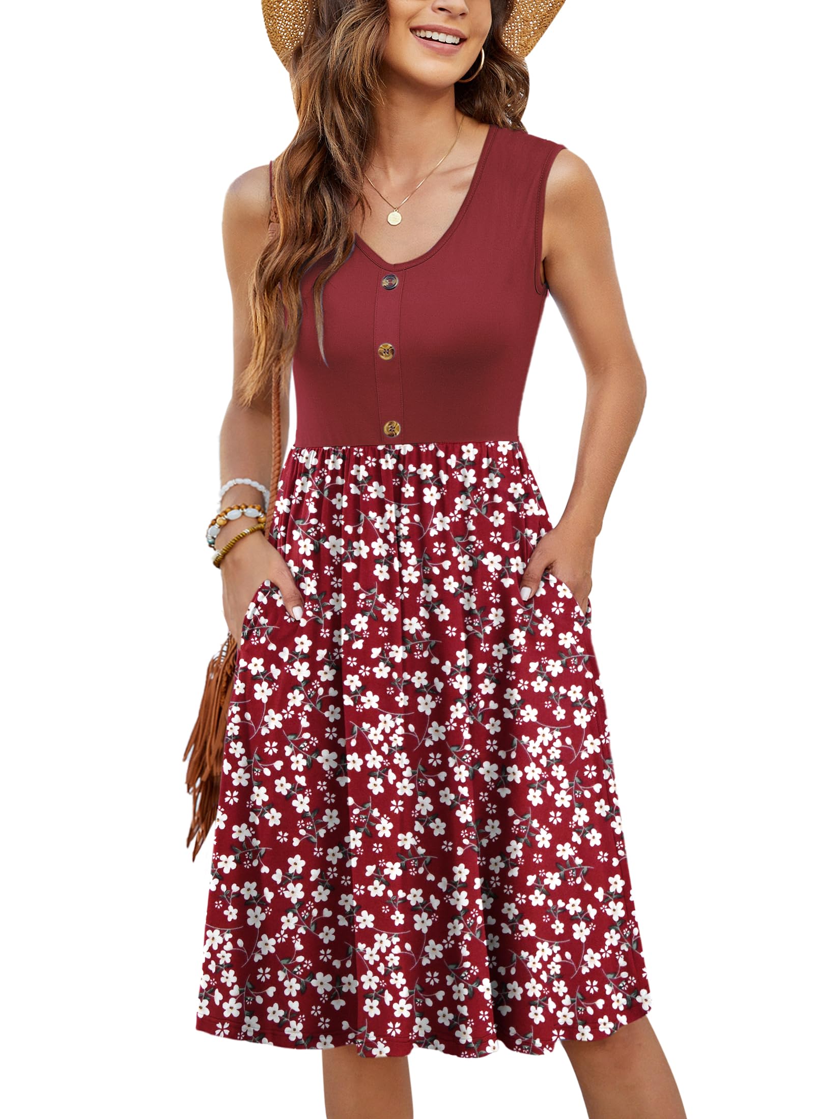 Molerani Women's Red Floral Patchwork Summer Dresses For Uk Casual V Neck Beach Dress Swing Button Midi Sundress Dress With Pockets L