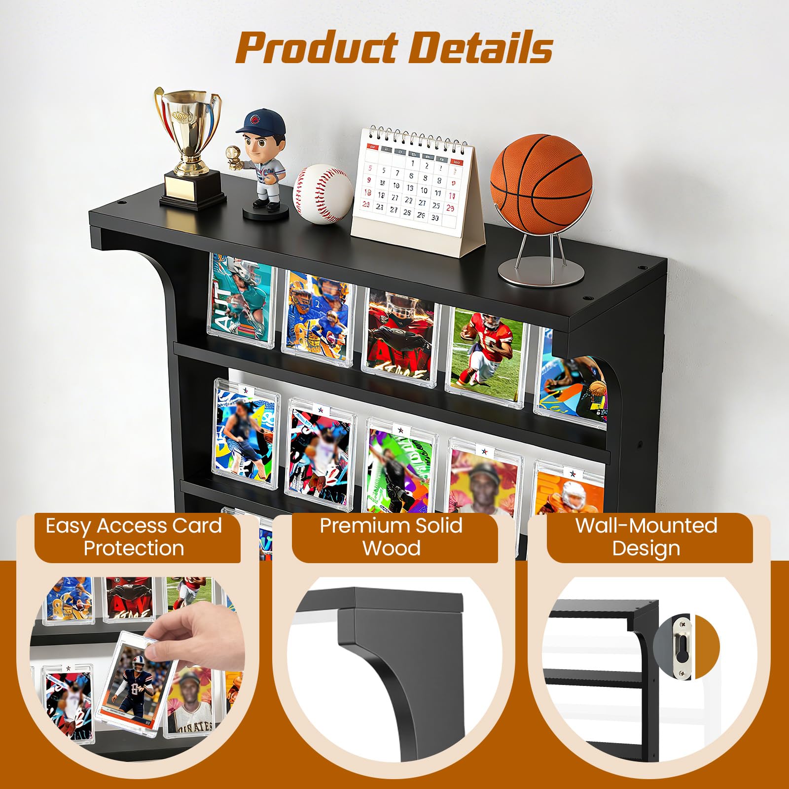Porte-Cartes Mural en Bois, 3 Étages Présentoir à Carte - avec étagère supérieure Polyvalente, Présentoir pour (Football, Baseball, Basket-Ball), 15+ Cartes, Noir