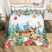 Vista 40 de Juego de funda de edredón con diseño de ciervo de cabaña, tamaño twin, juego de ropa de cama rústica de tablón de madera de árbol de Navidad