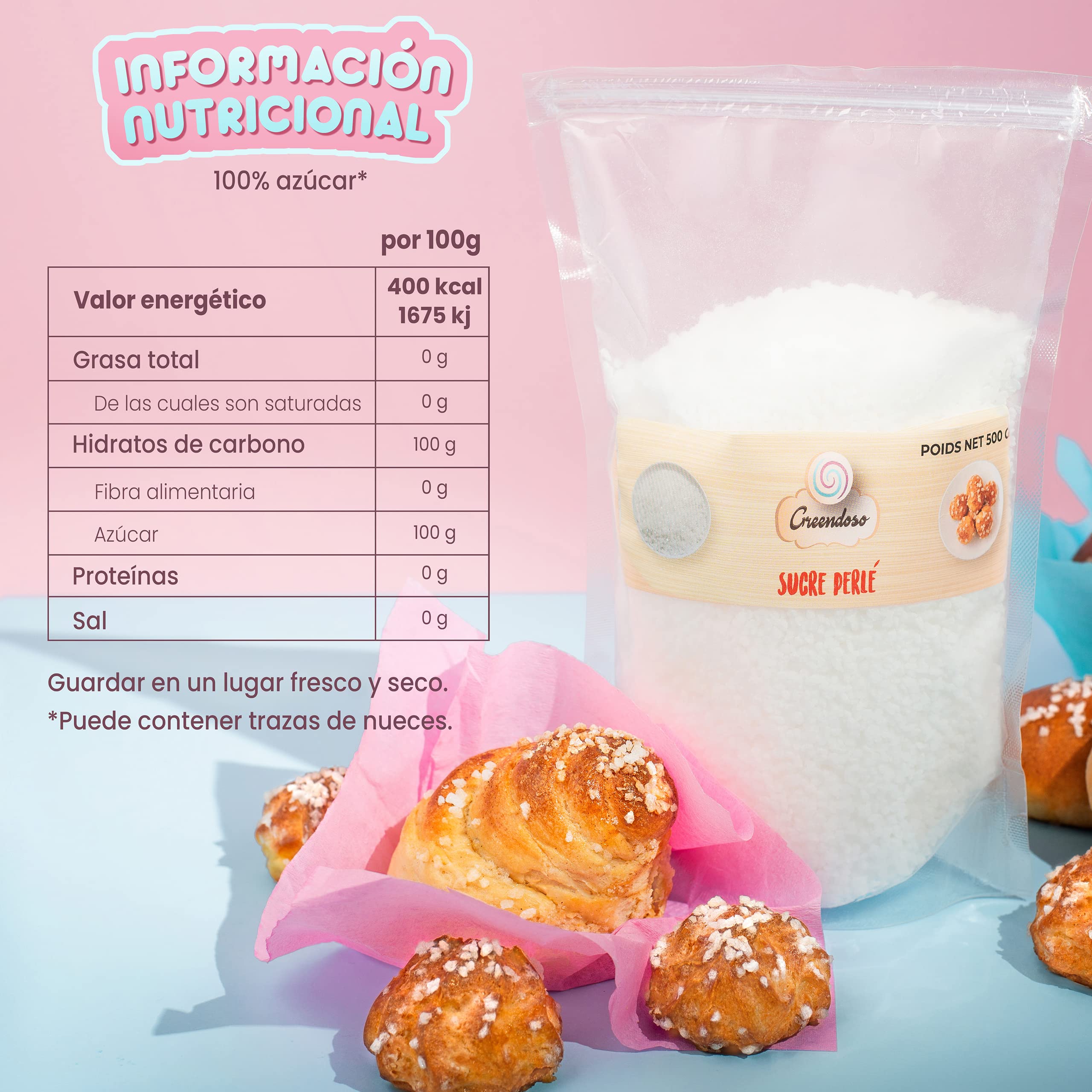 GREENDOSO® Azúcar Perlado 500 g para Hornear y Decoración de Dulces