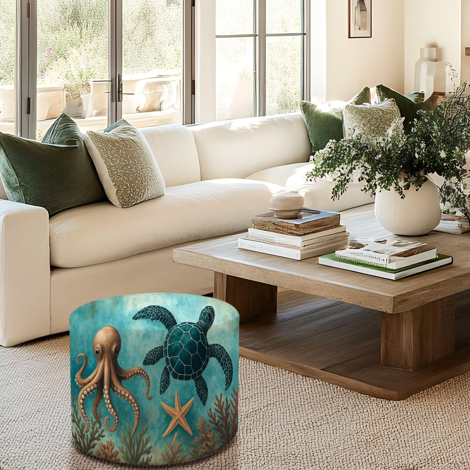 Round Pouf Ottoman Beach Decor Ocean Sea Turtle Octopus Coastal Teal Vintage Whale Foot Stool Foot Rest Floor Stool Bean Bag Chair Cotton Linen Removable Indoor Outdoor for Living Room Bedroom