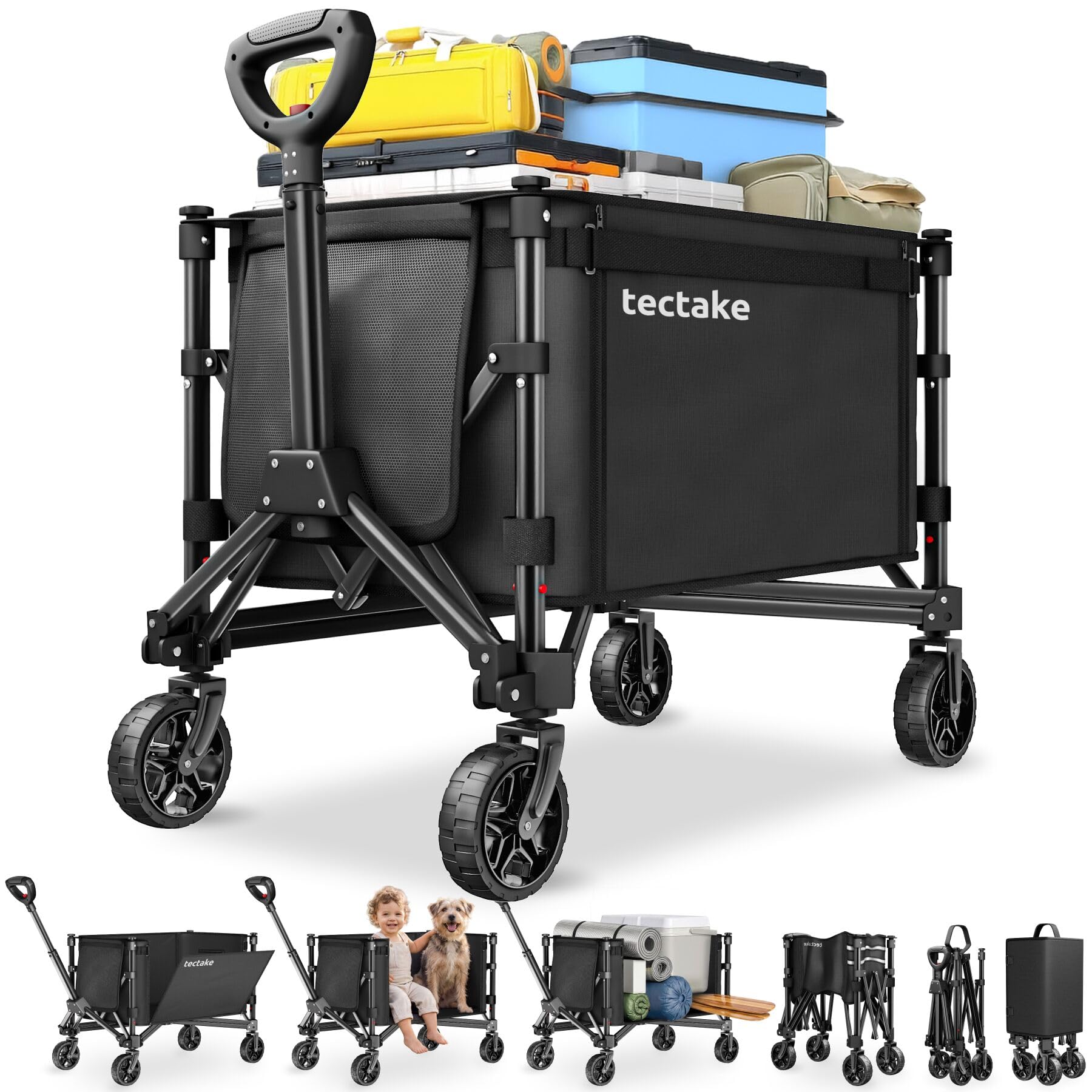 tectake®, Carrello con Ruote Portatutto a mano pieghevole, 120 L portata max 60 kg in acciaio, Carrellino con Ruote Portatutto, trolley con manico, ruote girevoli con freno, carrello spesa, campeggio