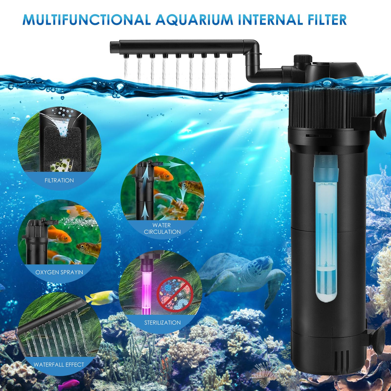 Internal Fish Tank Filter, 5 in 1 Adjustable Aquarium Filter Pump with UV Steriliser, Ultra Silent Biochemical Filtration Pump, 650 L/H Water Pump Aquarium Filter Fit for 100-300L Fish Tank Aquariums - Image 2
