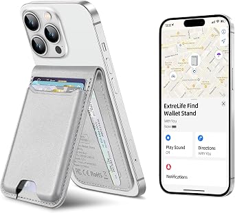 ExtreLife for Magsafe Wallet, Works with Apple Find My, Strongest Magnetic Wallet for iPhone 16/15/14/13/12 Series, Magnetic Card Holder with Adjustable Stand, 6 Cards Holder, Vegan Leather, Gray