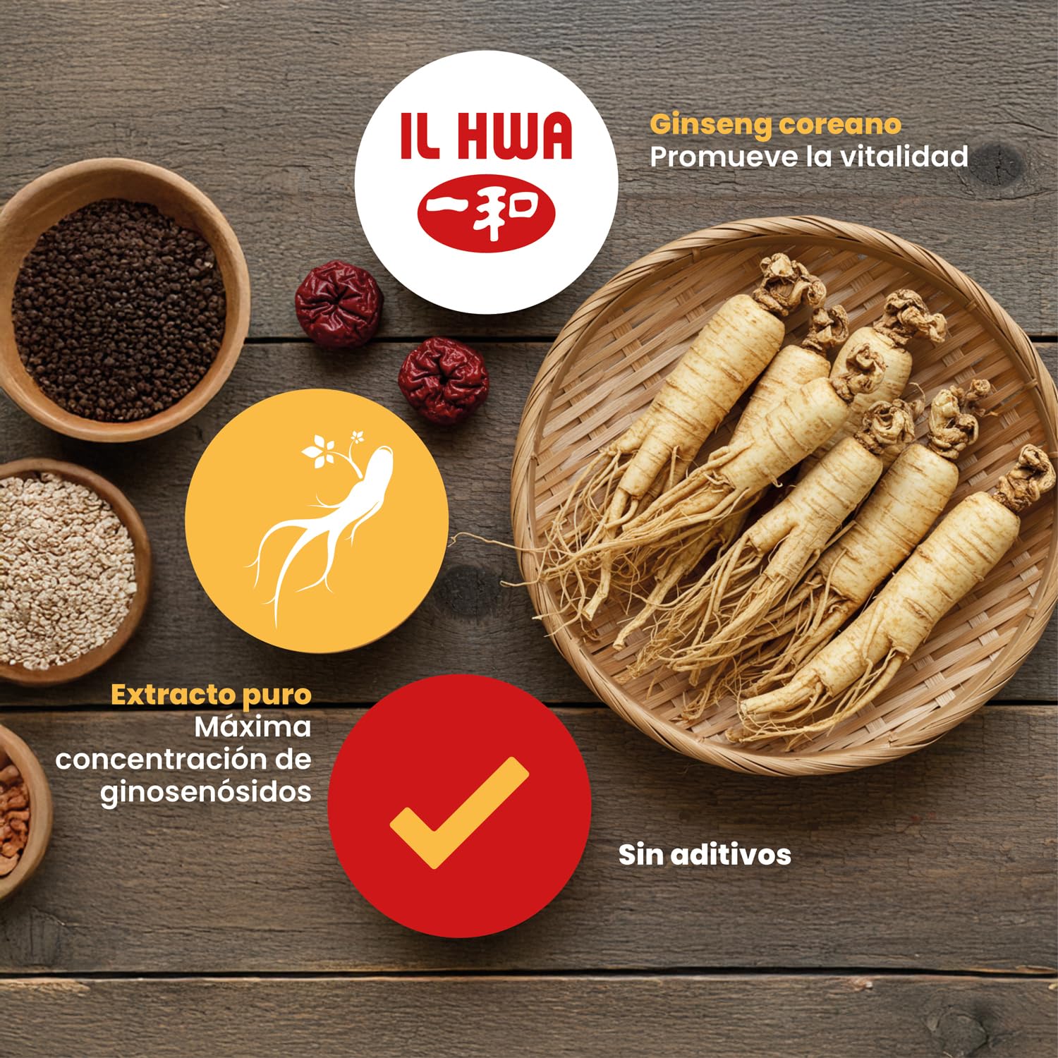 Ginseng Coreano Puro, Calidad Ilhwa, 500 mg, 100 cápsulas | Panax Ginseng 100% Sin aditivos | Energía Física y Mental | Raíces Maduras de Cultivo Propio y Extracción Exclusiva | de TONGIL