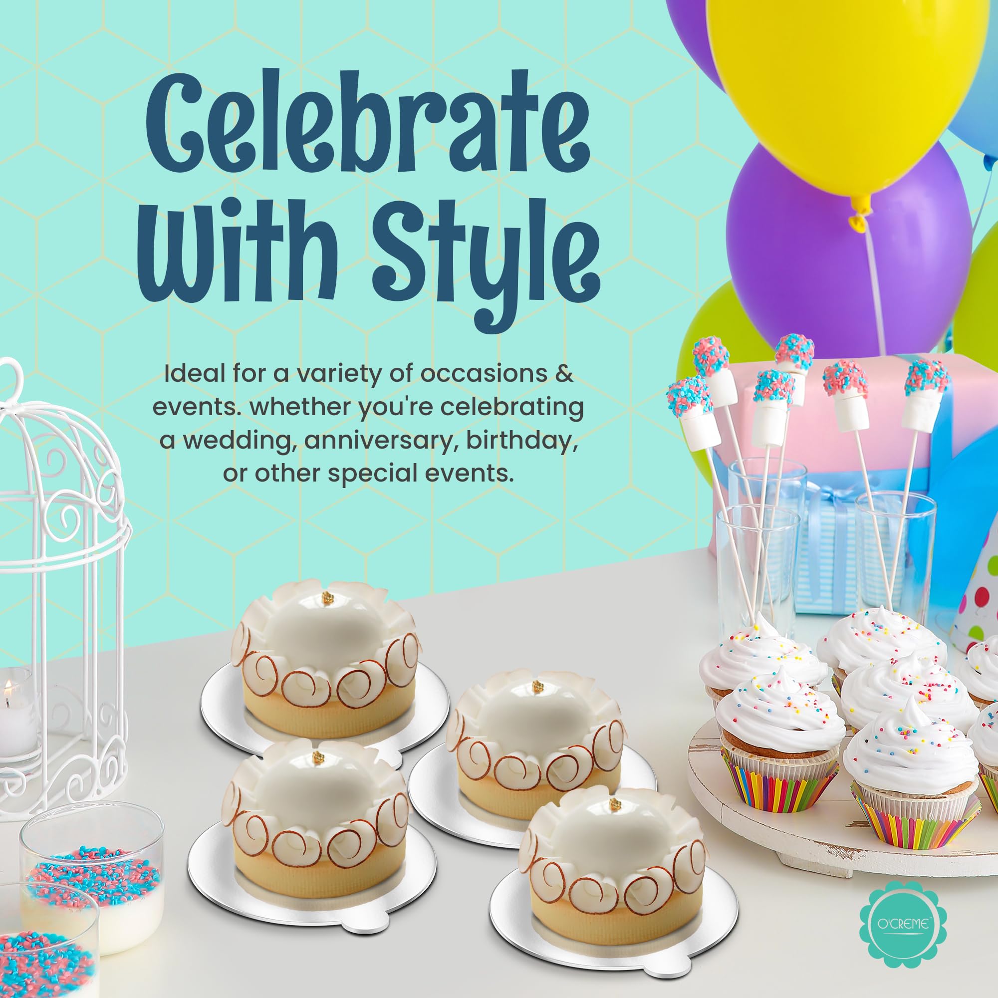 O'CREME Mini tablas redondas plateadas para tartas con pestaña – 4 pulgadas a prueba de grasa, cubierta de aluminio, cartón de grado alimenticio para cupcakes, pasteles, postres, ideal para bodas,