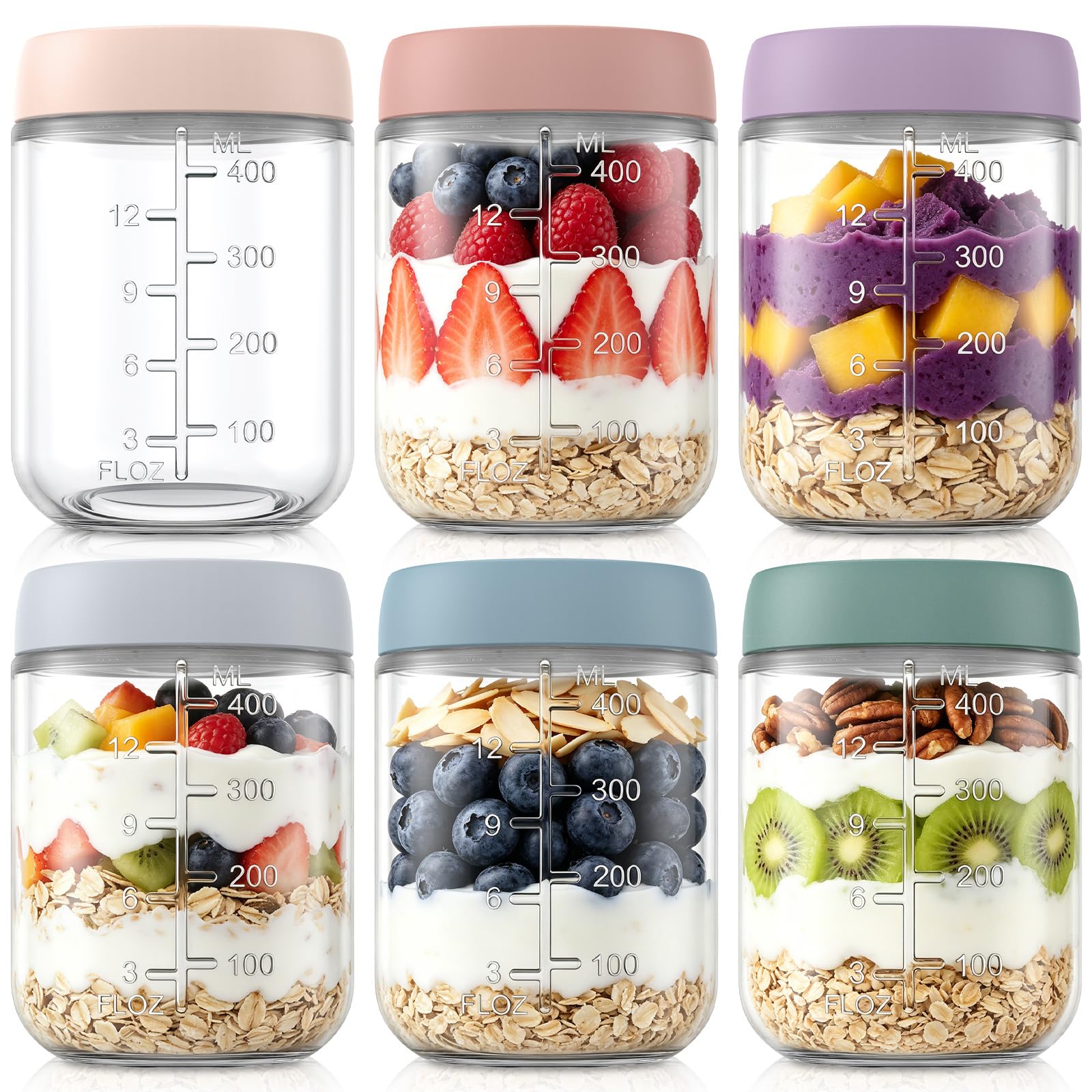 KEMORELA 6-Pack 16oz Overnight Oats Containers with Lids, Wide Mouth Glass Mason Jars with Airtight Lids, Reusable Glass Food Storage Containers for Yogurt, Chia Pudding, Salad, and Pickles