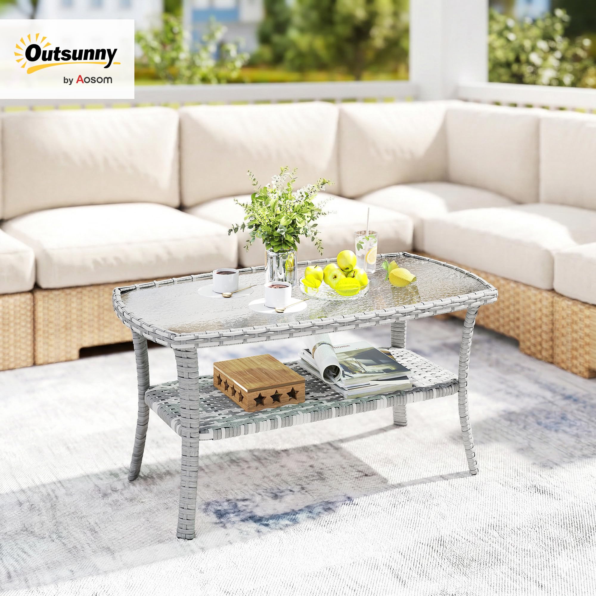 Outsunny Tavolo da giardino esterno in rattan con mensola, tavolino rettangolare da giardino, piano in vetro temperato con onde, struttura in acciaio, per terrazza, patio, 90 x 50 x 45 cm, grigio