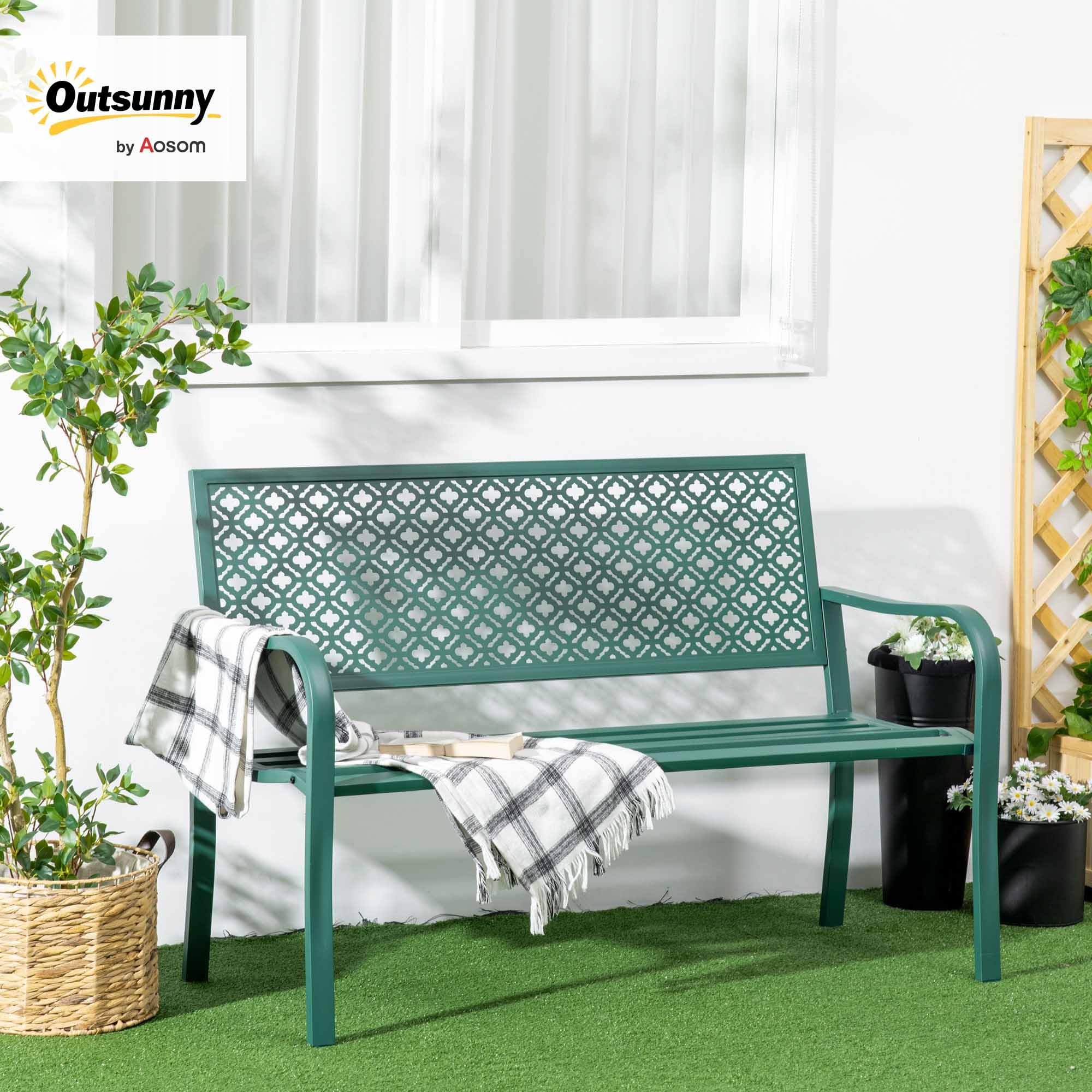 Outsunny Banc de Jardin, Banc extérieur Jardin en Acier, avec Dossier à Motif Floral, accoudoirs, pour 2 Personnes, pour Jardin, Balcon, Charge Max. 240 kg, Vert foncé