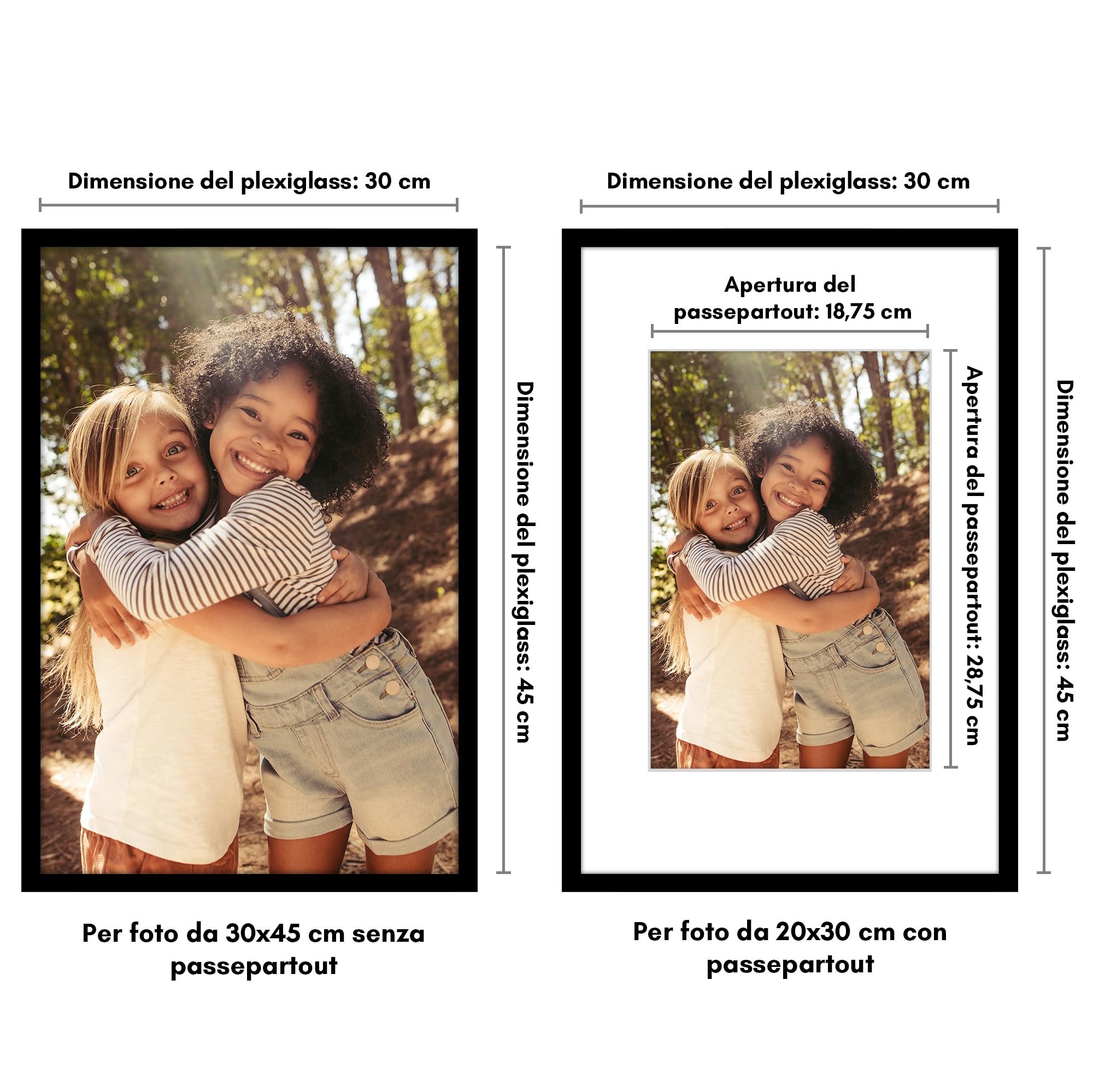 Americanflat Cornice 30x45 cm Nera - Cornice Foto 20x30 cm con Passepartout o 45x30 cm Senza Passepartout - Portafoto con Bordo Sottile in PVC e Pannello Protettivo in Plastica