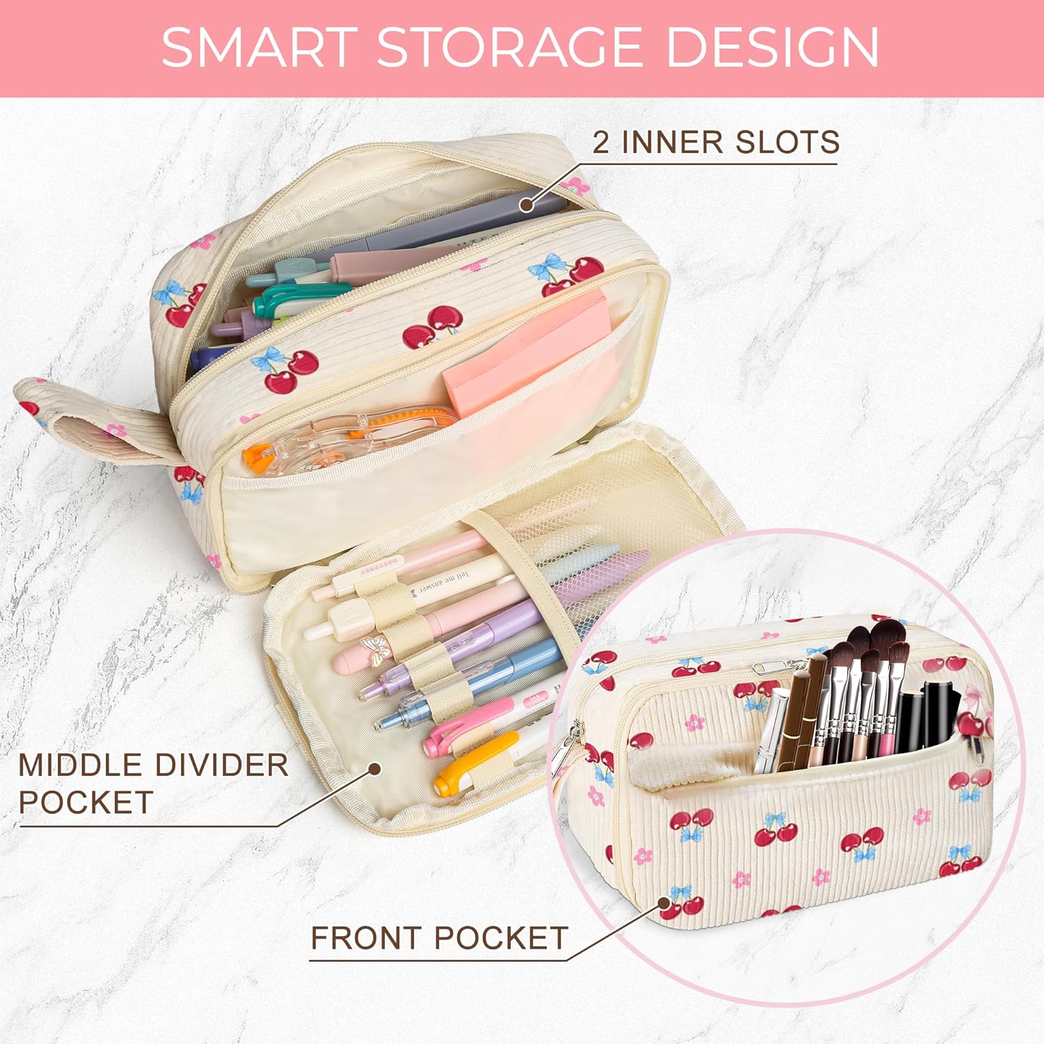 Large Pencil Pouch for Girls,Cute Corduroy Pencil Case Pouch Aesthetic Soft Pencil Bag for School, Zippered Pencil Organizer School Supplies for Teen Girls Women Gif(cherry) - Image 5