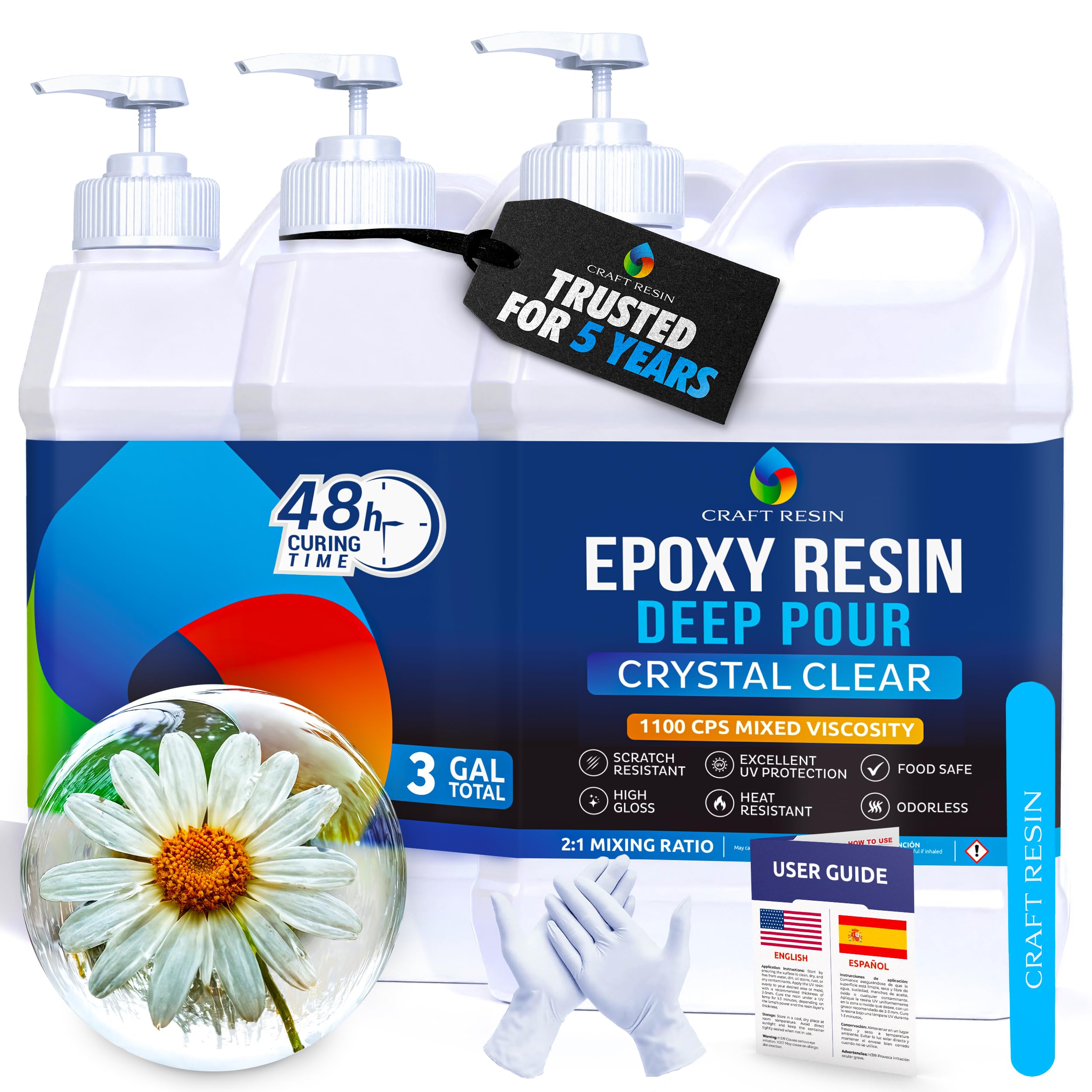 CRAFT RESIN 3 Gallon Crystal Clear Deep Pour Epoxy Resin Kit with Pumps - Food Safe & UV Resistant Best for DIY, Art, River Table, Wood, Flower, Mold Casting Resin Epoxy Kit - for Beginners & Pros