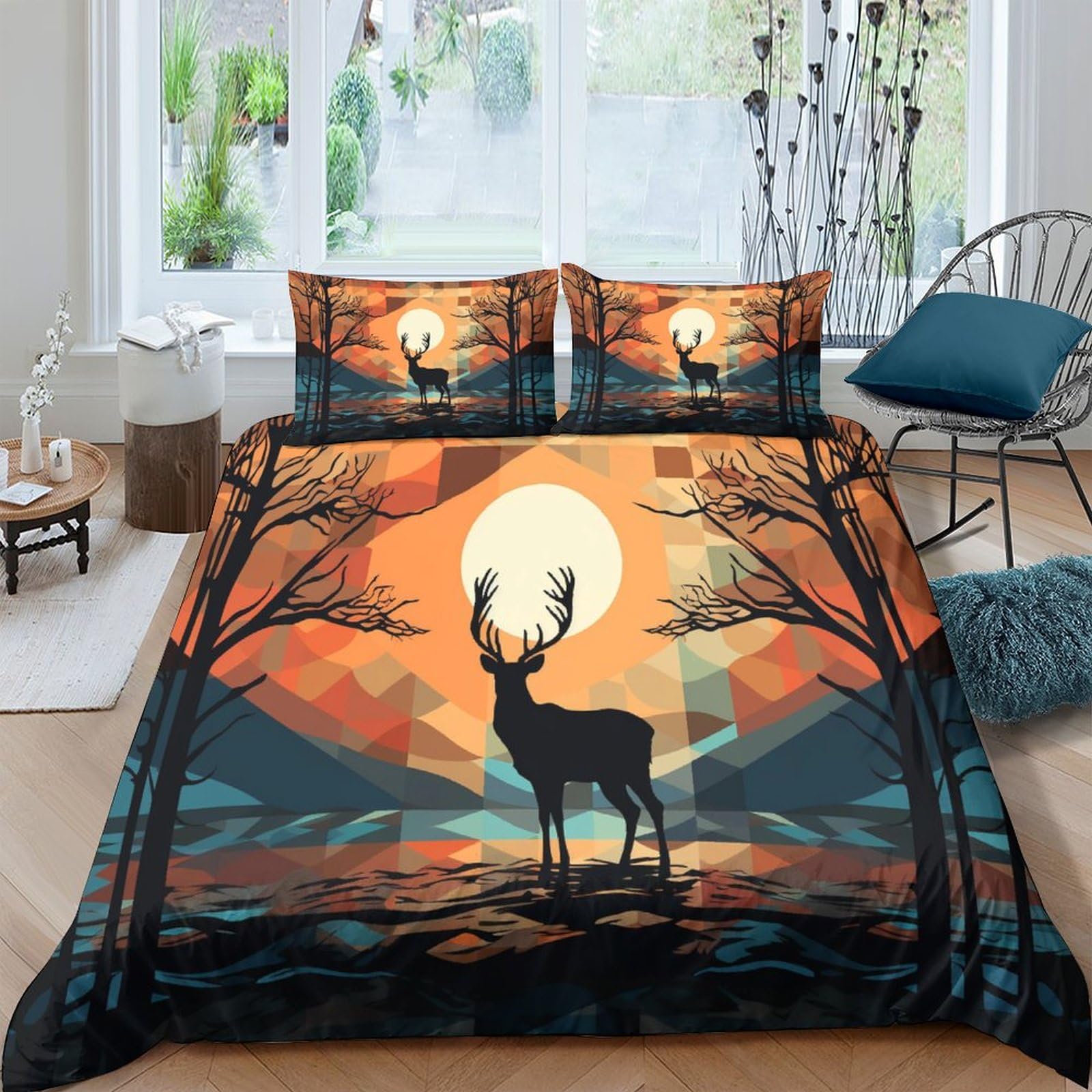 Housse de couette cerf 3D pour chambre adulte art géométrique