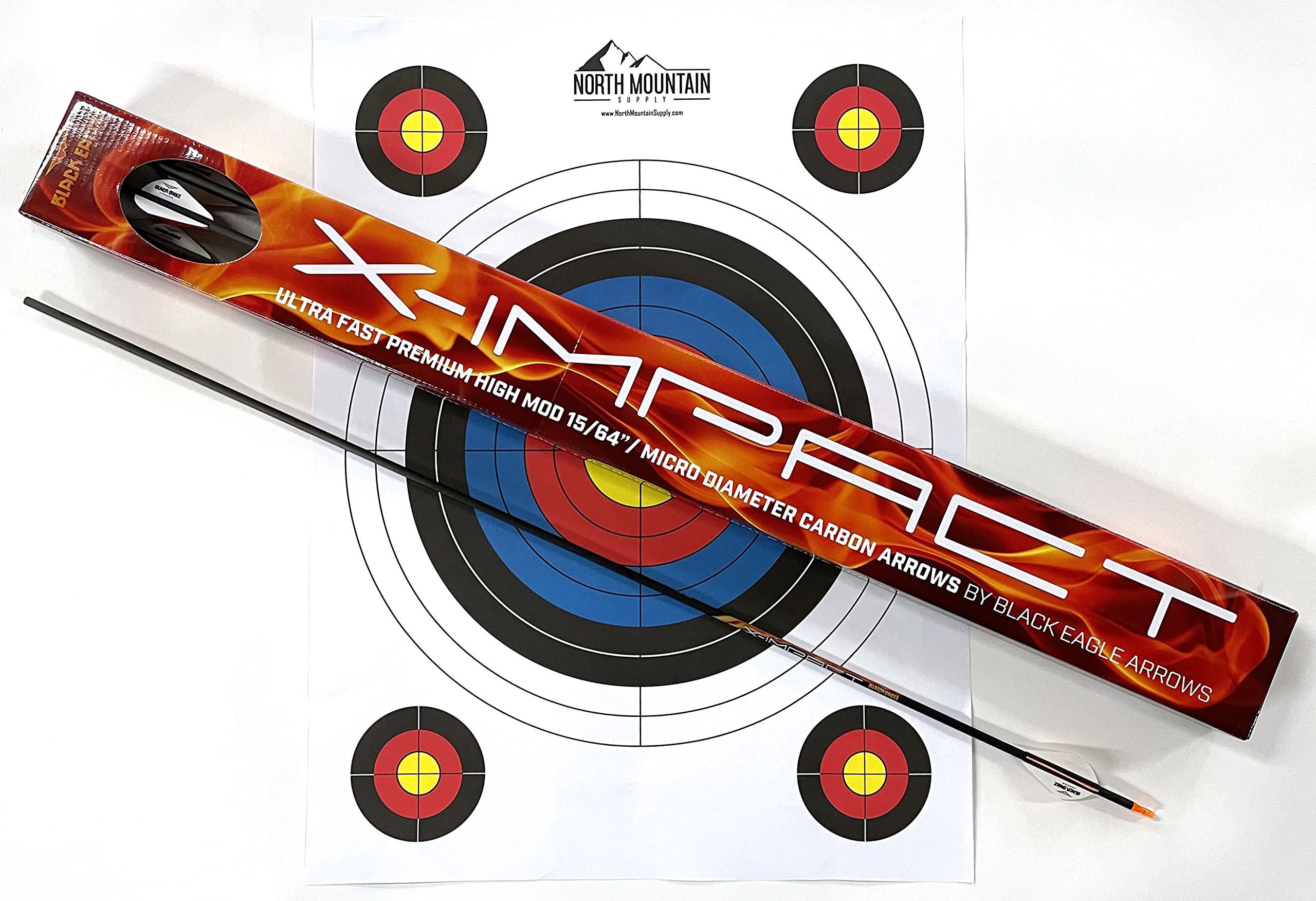 Black Eagle Arrows X-Impact Crested Fletched Arrows with 2 inch Vanes - .001 Straightness, 250 Spine - 6 Pack - with Target
