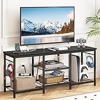 YGEOMER 55 Inch TV Stand with Power Outlet, Entertainment Center Open Shelves & Hooks, Black Media Console for Living Room Bedroom
