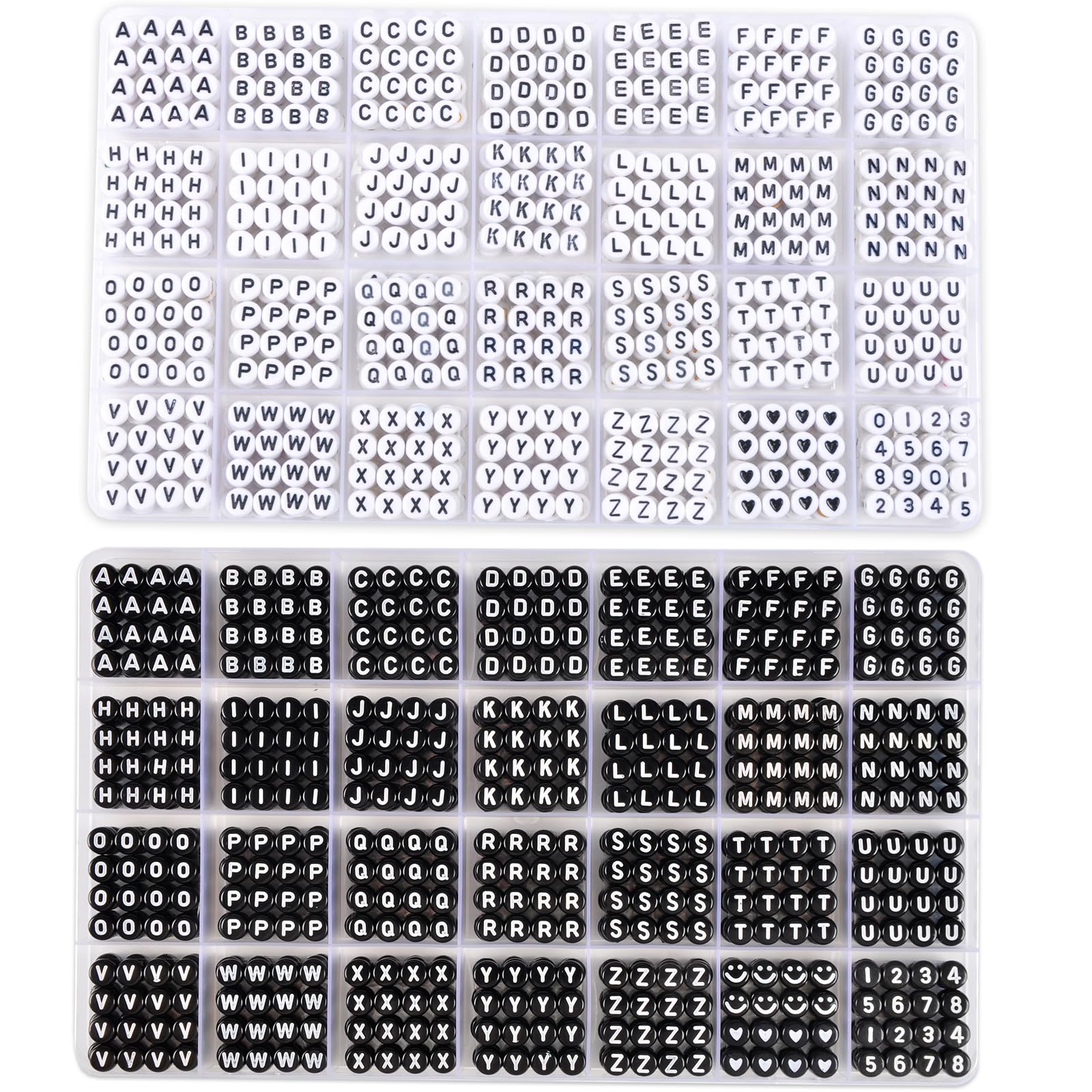1900+ PCS Letter Beads, 2 Box Set Alphabet Beads for Bracelets, Round Number & Heart, 5m Elastic String Jewelry Making Kit, Ideal Gift for Friendship Bracelets (Black and White)