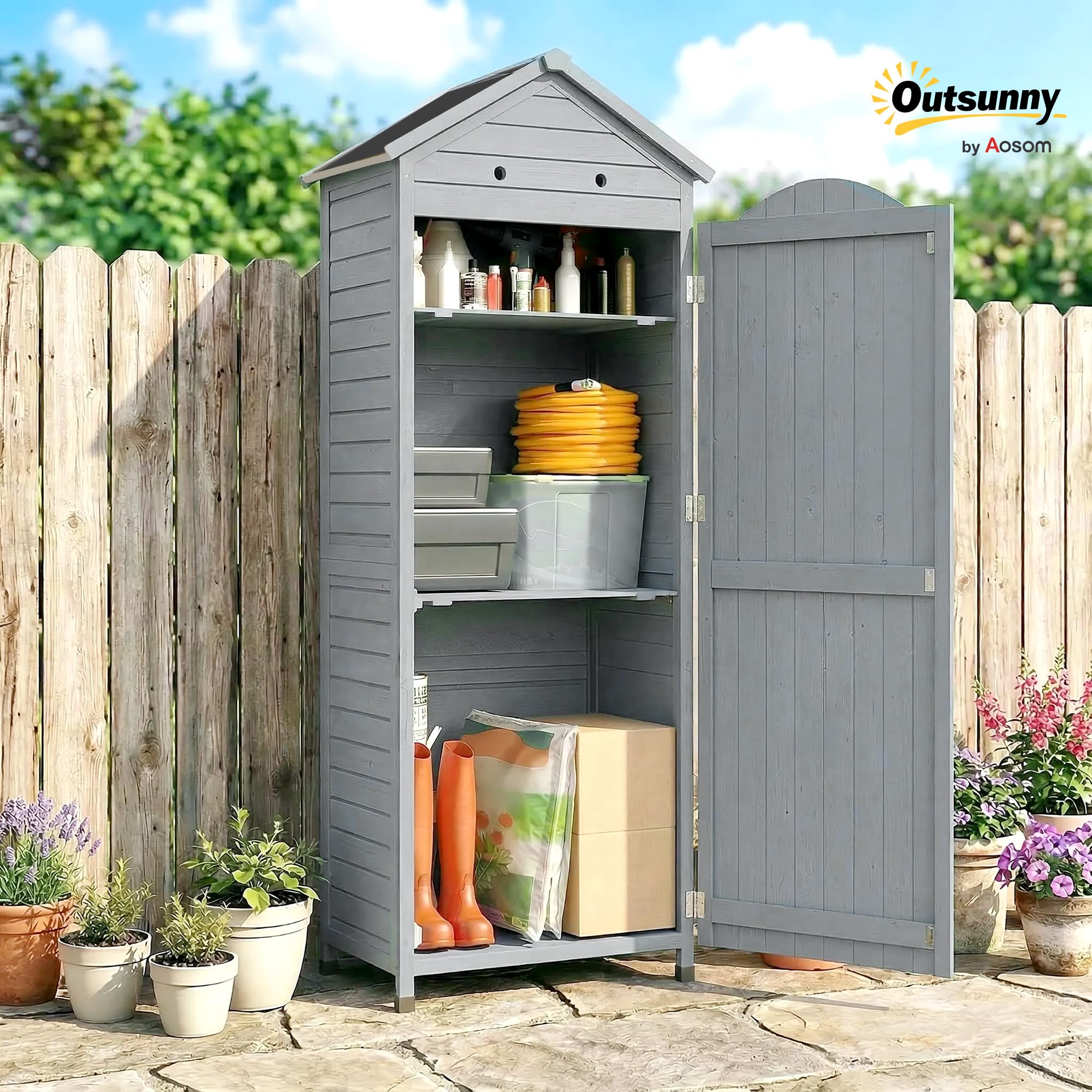 Outsunny Armadio extra alto rimessa attrezzi 85x58x213cm Grigio | Ripiano regolabile, porta magnetica, tetto zincato, ventilazione, anti-ribaltamento, casetta per terrazzo e giardino