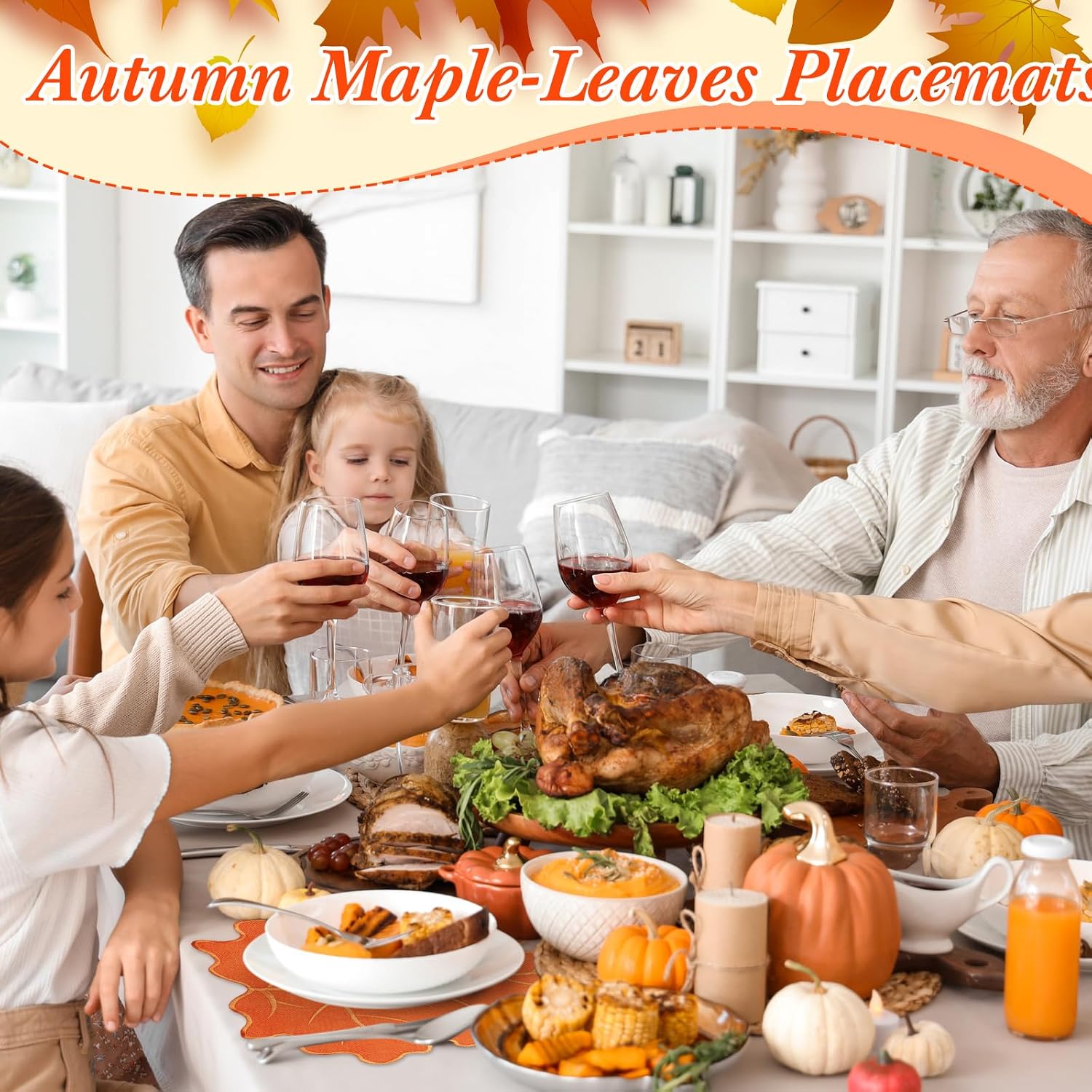 16 Pcs Maple Leaf Placemats, Classic Fall Linen Embroidered