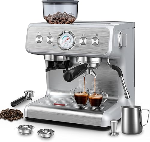 Máquina de café expreso con molinillo integrado, cafetera profesional de 15 barras con espumador de leche, cafetera espresso de acero inoxidable con