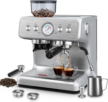 Electactic Professional 15 Bar Espresso Coffee Machine with Built-In Grinder and Milk Frother, Stainless Steel with Removable Water Tank