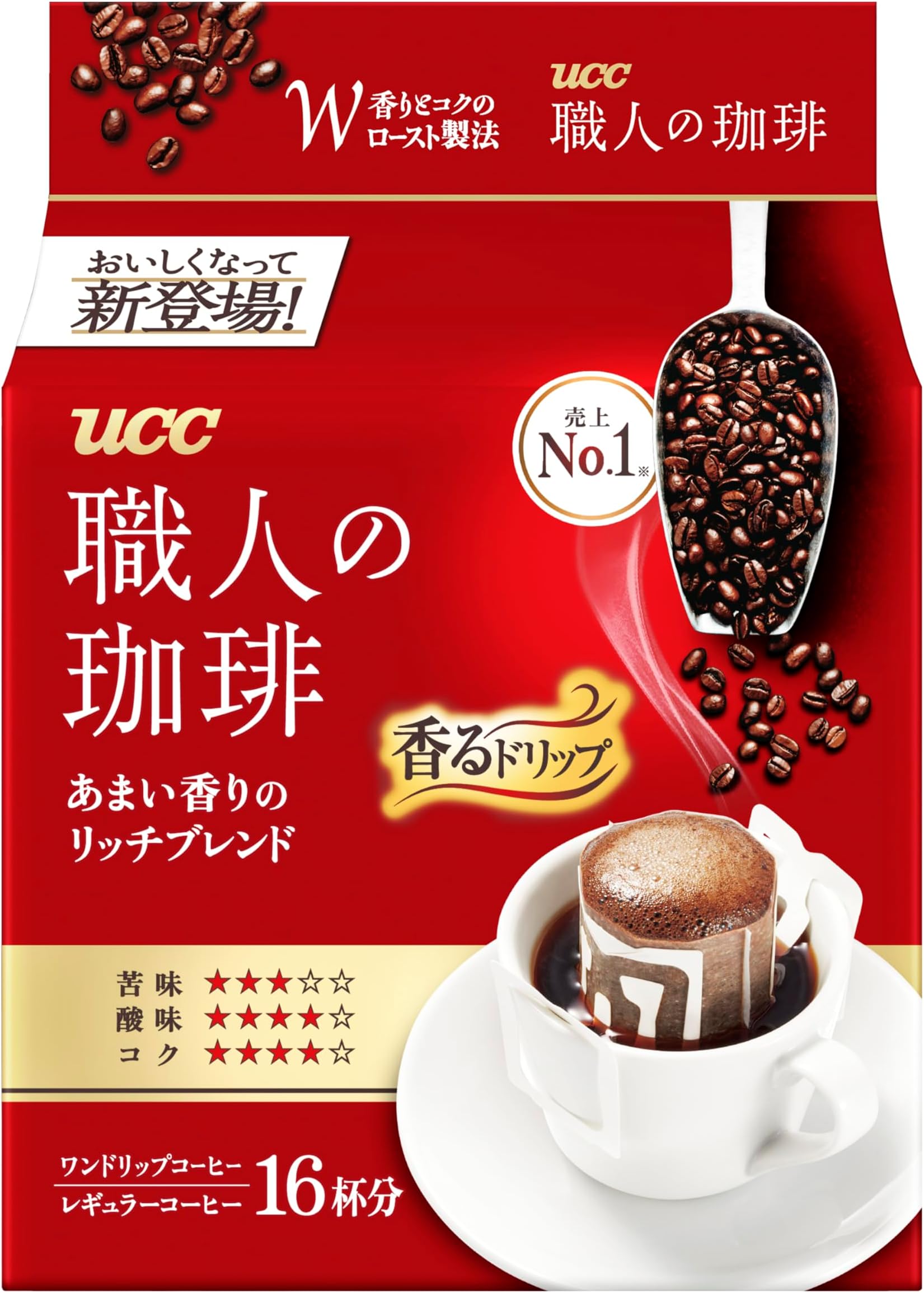 UCC Shokunin Coffee Rich Blend, Single Serve Japanese Style Pour Over Coffee, Imported from Japan, 16 Individual Bags, 0.25 Oz (7g) per bag, Sun-Dried Beans, Artisan Crafted, Each Bag Makes 5 oz Cup, (16 PACK)