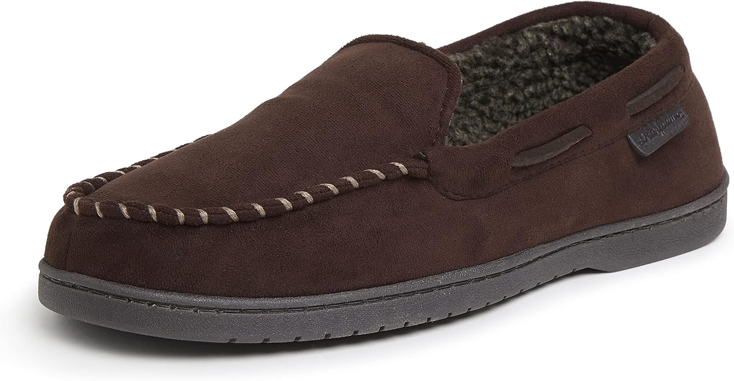 Dearfoams mens Keaton Memory Foam Indoor Outdoor Moccasin With Wide Widths Slipper