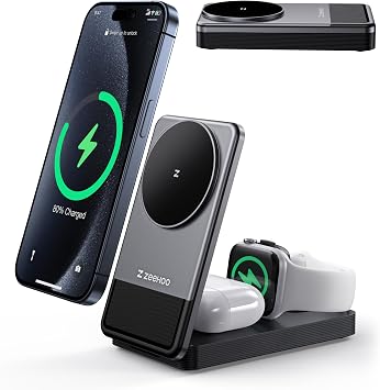 ZEEHOO 3 in 1 Charging Station for Magsafe Charger, Portable Fast Wireless Charger Stand, Foldable Apple Watch Charger for iPhone 16/15/14/13/12, AirPods, Apple Watch Charger not Included