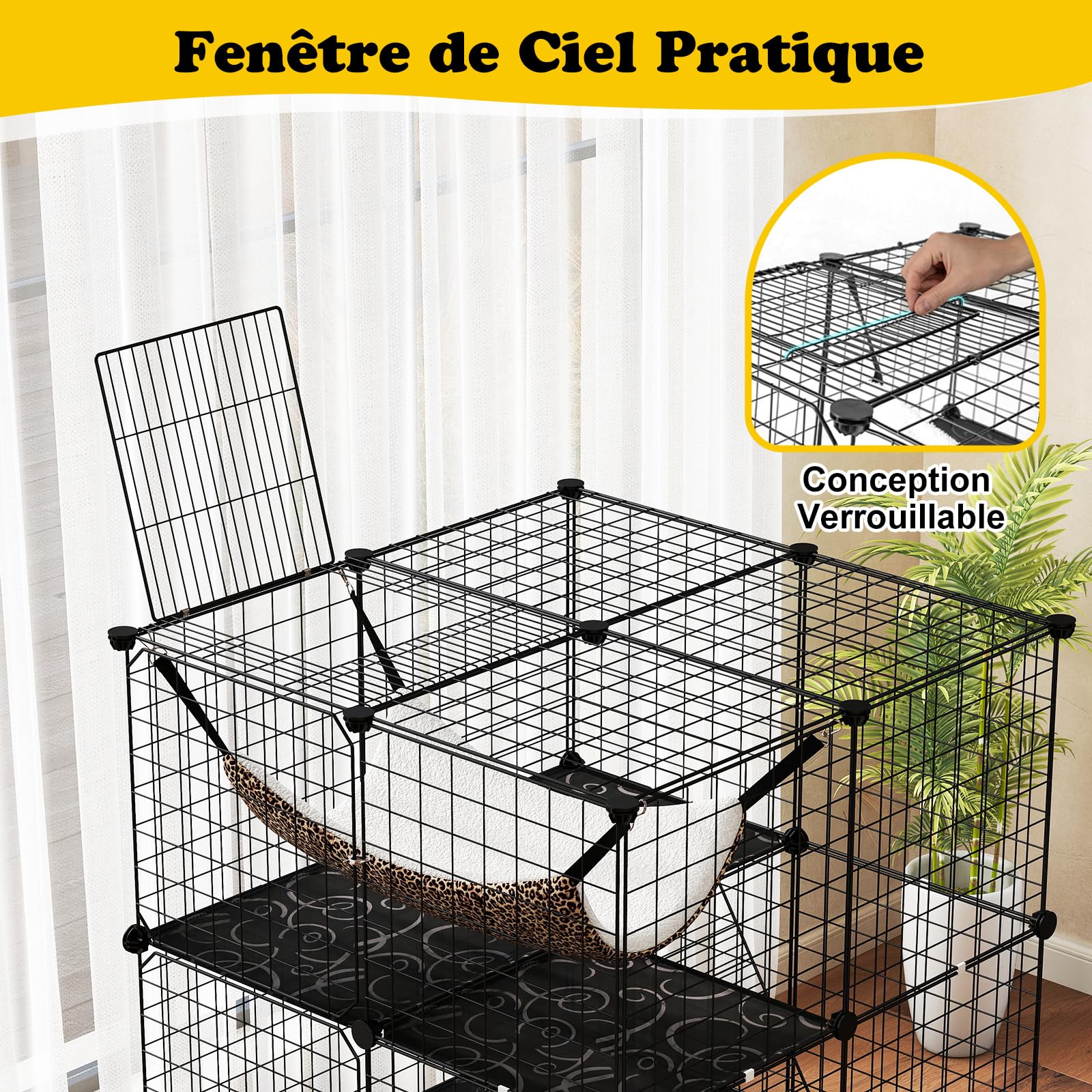 COSTWAY Grand Cage Chat à 3 Niveaux, Enclos pour Chats en Fil Métallique Amovible, Hamac, 2 Echelles, 3 Portes, 1 Fenêtre, Parc Interieur Exterieur pour Petit Animaux, 74 x 74 x 107 cm