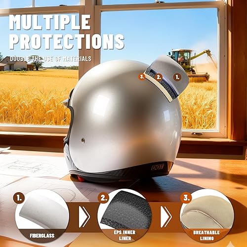 Miniatura 7 de LEM Casco integral vintage, retro, casco de motocicleta DOT, carcasa de fibra de vidrio con mandíbula de fibra de carbono, ligero para ventilación