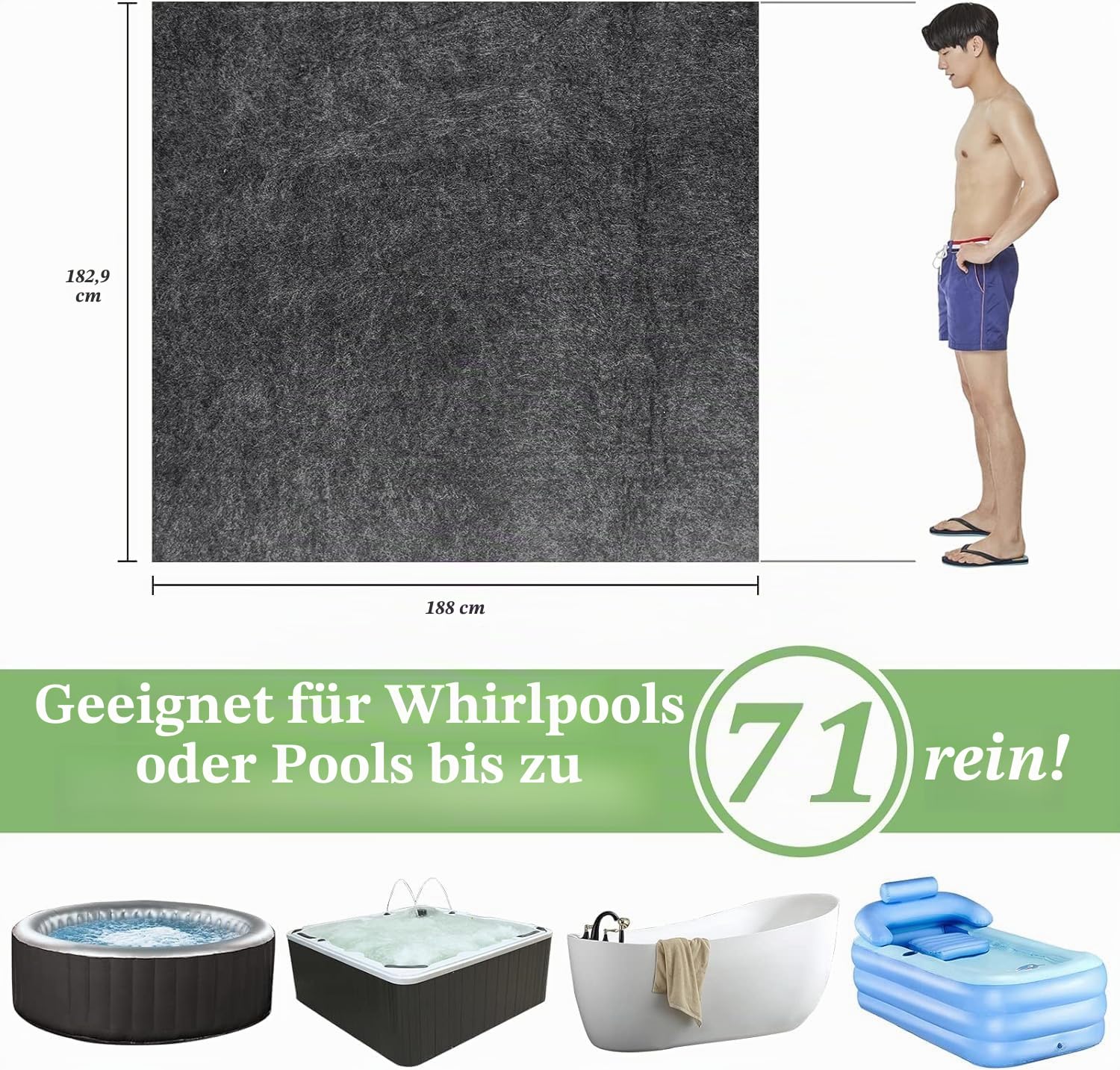 Pool Bodenplane,Poolunterlage Schwimmbecken Matte rutschfest, Quadratische Bodenplane Reißfest, Wärmedämmend, Wasserdicht, Pool Bodenschutzmatte (188 x 183 cm)