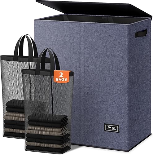 Miniatura 8 de SOLEDI Cesta de lavandería doble con tapa y asa, cesta de lavandería de 2 secciones con bolsa extraíble, cestas plegables para ropa sucia para