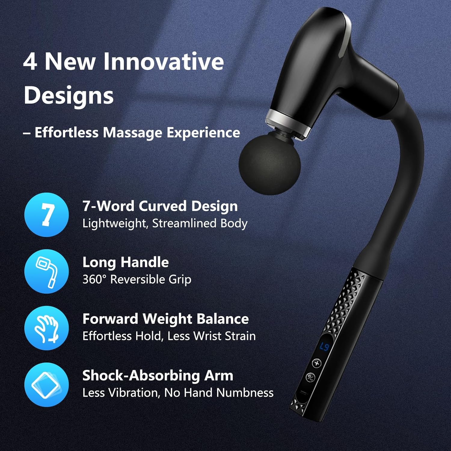 Massage Gun with Extension Handle, Handheld Back Massager Tool, Massager for Neck/Leg/Shoulder Pain, 9 Adjustable Speeds & Modes and 5 Replaceable Blades, Gifts for Tech Lovers - Image 2