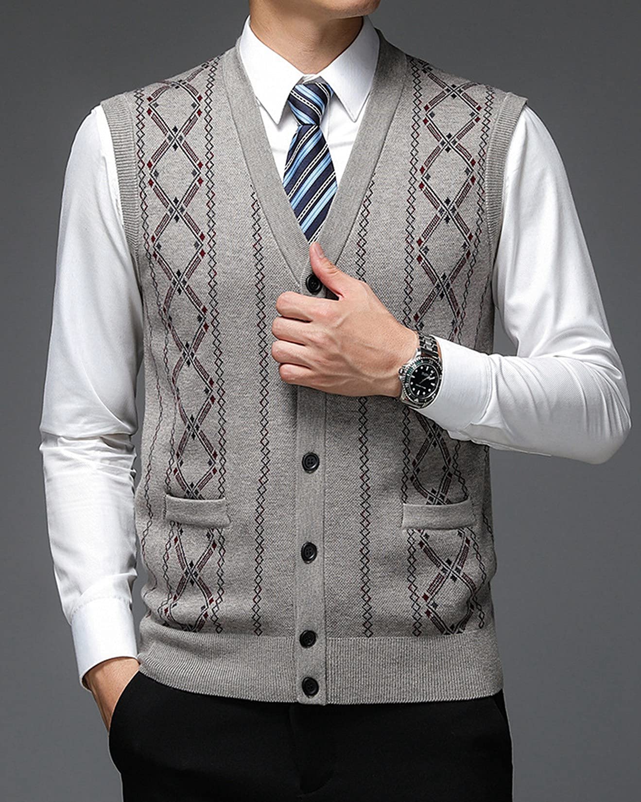 Dawwoti Hommes Tricoté sans Manches Pulls De Laine Mélange d'affaires Plaid Chandail Cardigan Gilets Col V