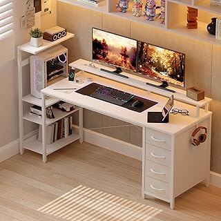 51 Inch Gaming Desk with LED Lights and Power Outlets, Computer Desk with Storage Shelves, Fabric Drawers, Monitor Stand & Side Hook, Reversible Gamer Table for Home Office, Carbon Fiber White