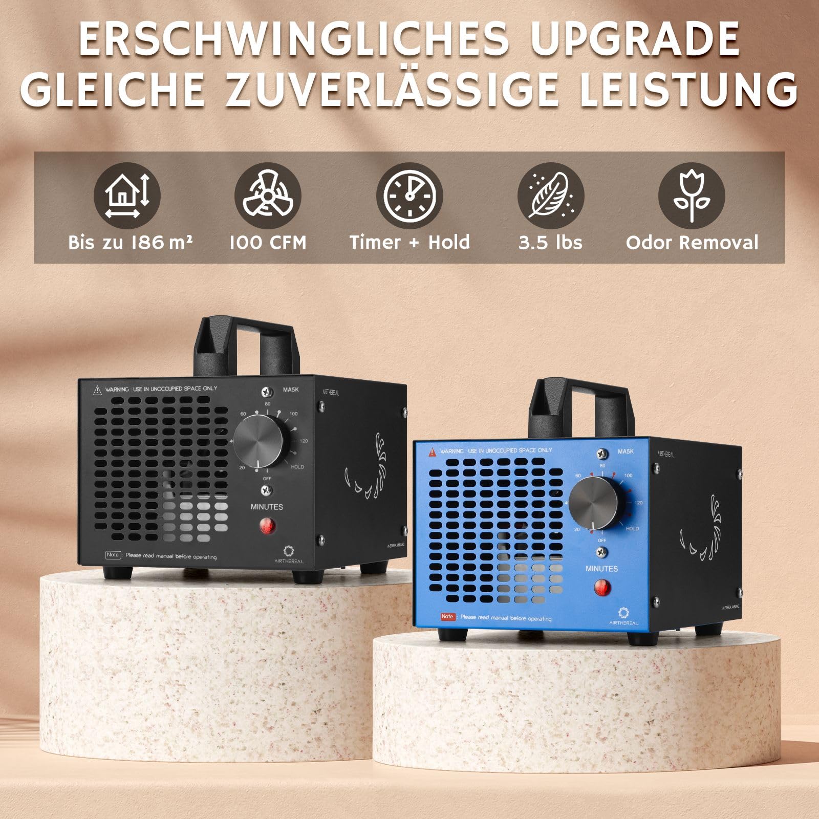Airthereal MA5K Ozongenerator & Geruchsentferner mit 120-Minuten-Timer | Leichtes Design für Räume bis 185m². Ideal gegen Rauch, Tiergerüche & Schimmel in Auto, Keller oder Haus