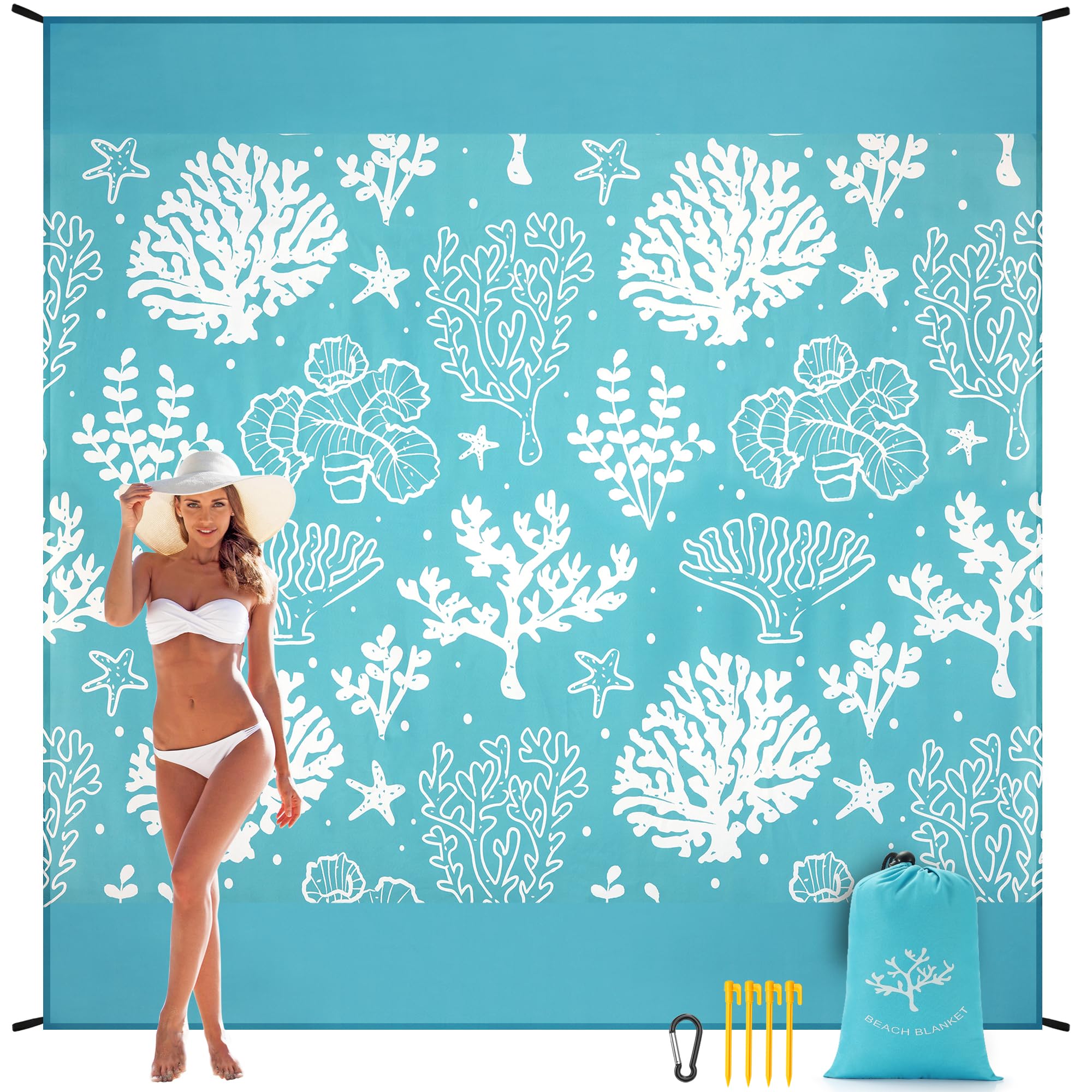 WIWIGO Beach Blanket Sandproof Extra Large Beach Mat Adults Waterproof Quick Drying Sand Free Mat Made by Premium Polyester with 4 Stakes & 4 Corner